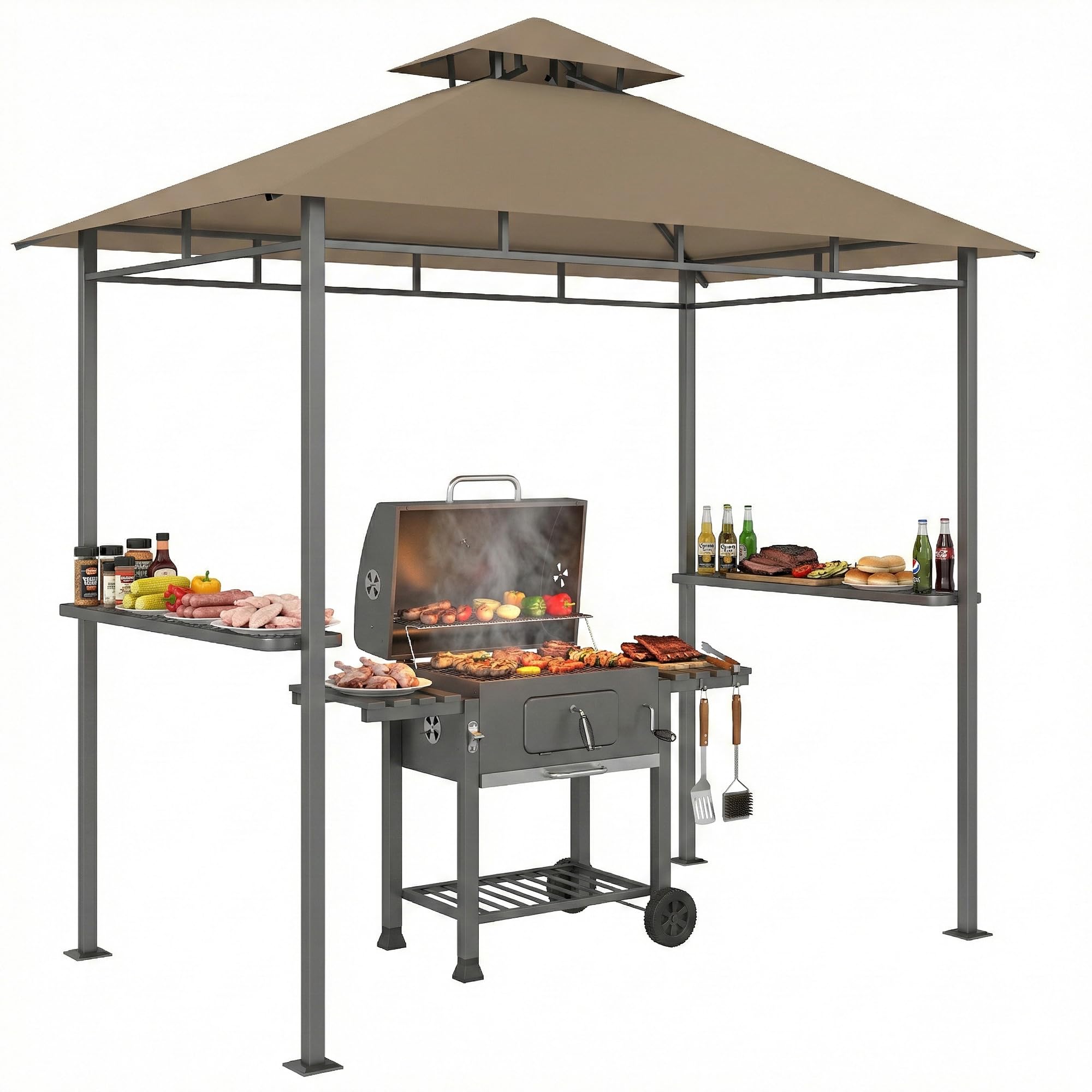 Outsunny Rifugio per barbecue all'aperto, gazebo da giardino, 245 x 146 x 255 cm, doppio tetto, 2 ripiani laterali, telaio in metallo, gazebo per barbecue, esterno per feste, picnic, terrazza, marrone