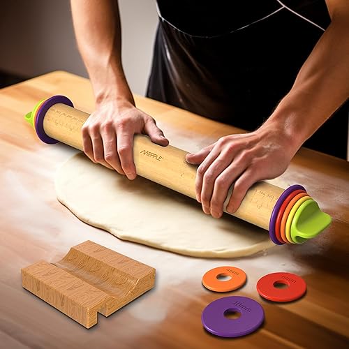 Miniatura 2 de Rodillo con anillos de grosor y tapete para hornear pastelería, rodillo de madera ajustable de 13.6 pulgadas para hornear galletas y pizza, viene