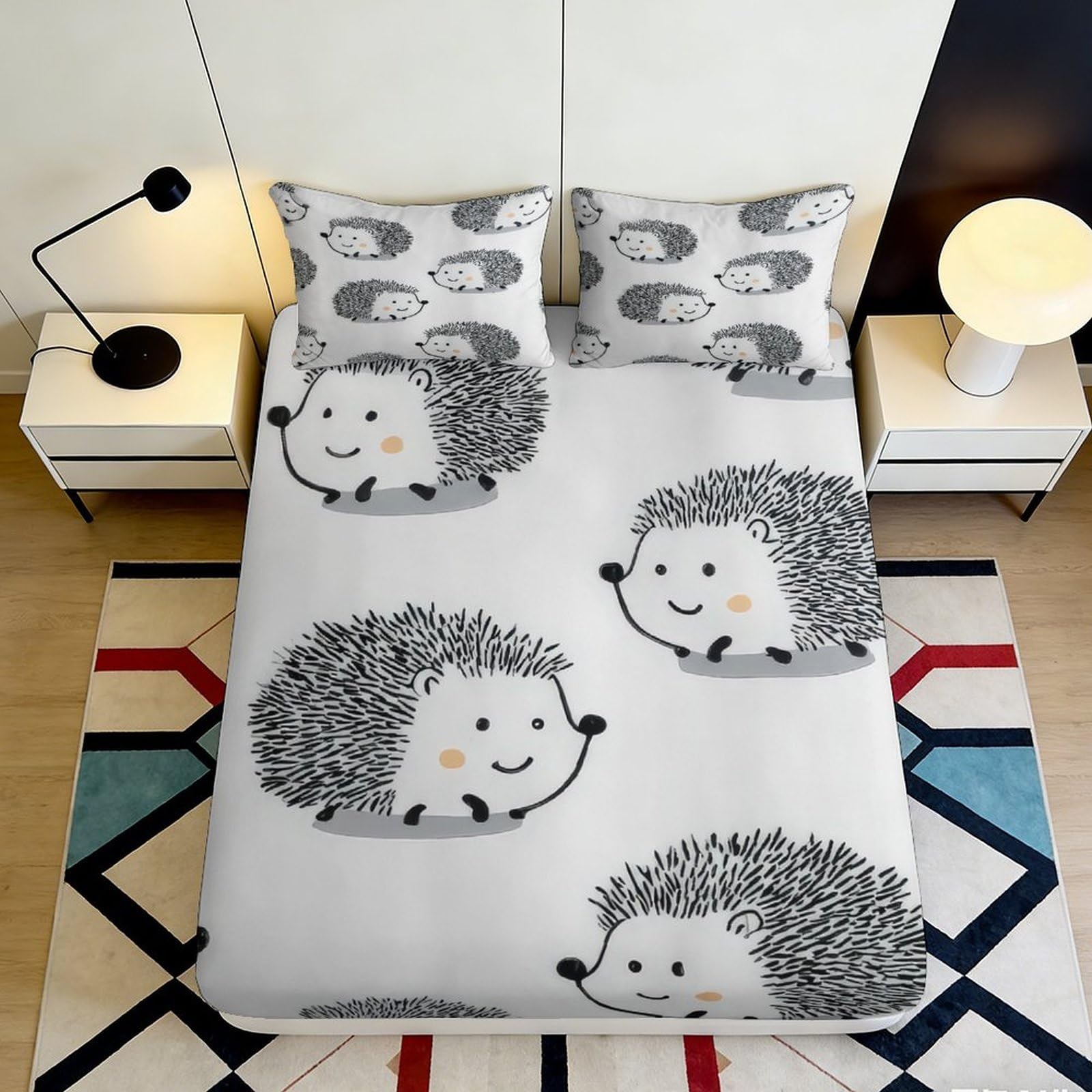 3D Printed Cartoon Hedgehog Fitted Sheet Microfiber Soft Anti-Slip Bed Cover for Bedroom Dorm Guest Room Decor 90x200x25cm