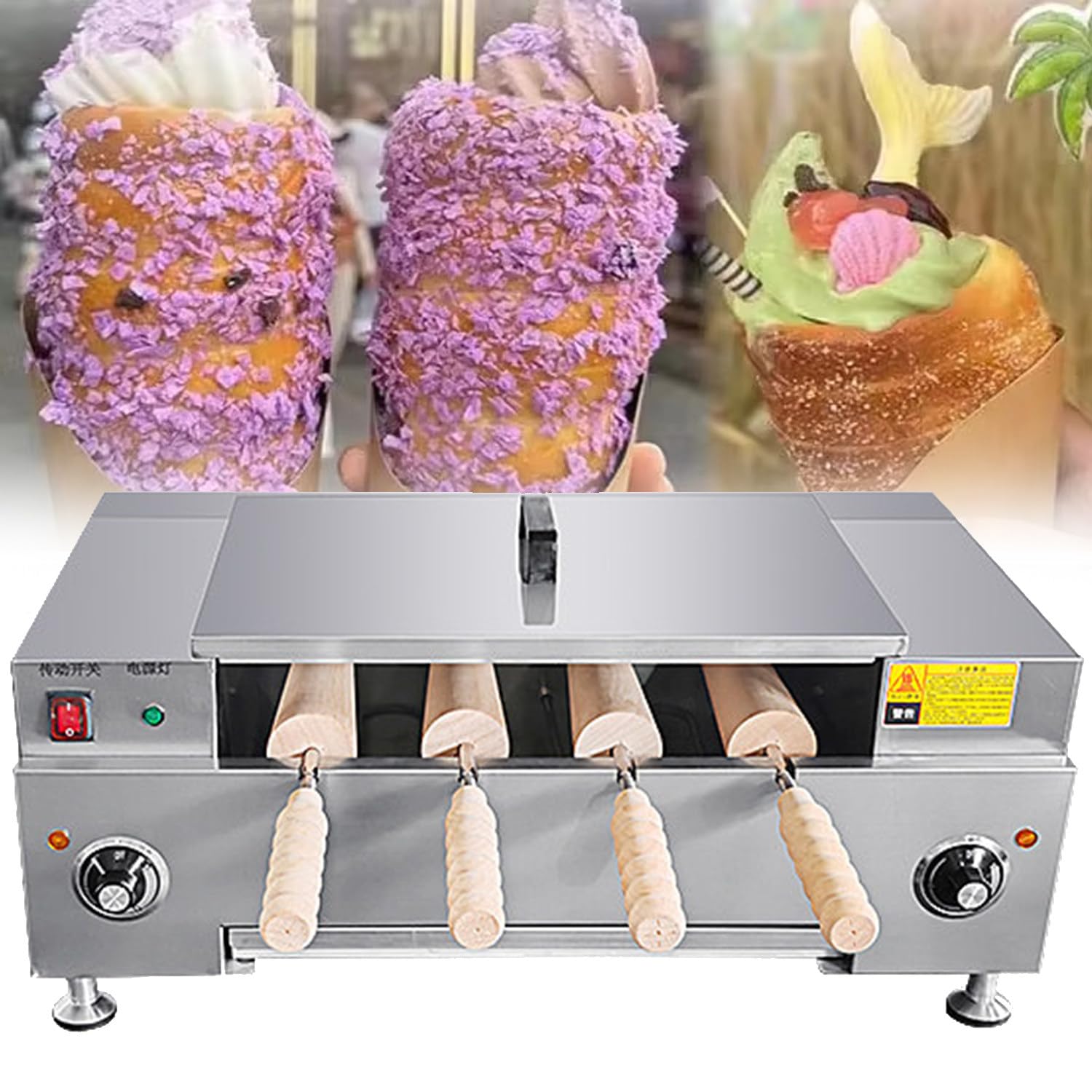 RETRIN Commercial Chimney Cake Oven, Stainless Steel Ice Cream Cone Maker, Knob Control & Non-Stick Rollers, Toast Cone Waffle, for Dessert Shop 4pcs