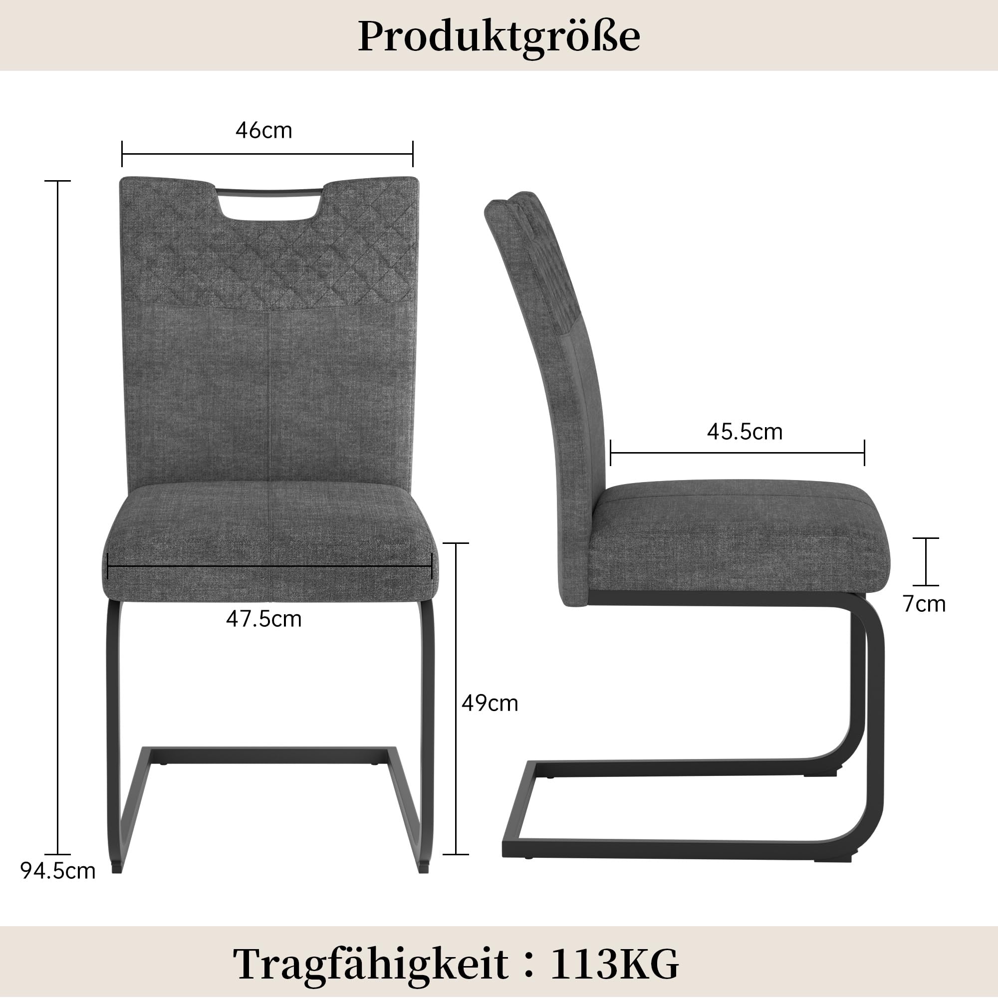JIEXI Freischwinger Esszimmerstühle 4er Set – Schwingstuhl Stuhl Mit Stoffbezug, Gesteppter Rückenlehne & Metallgestell, Küchenstuhl/Essstuhl Modern, Bequem & Stabil (4 Graue Stühle)