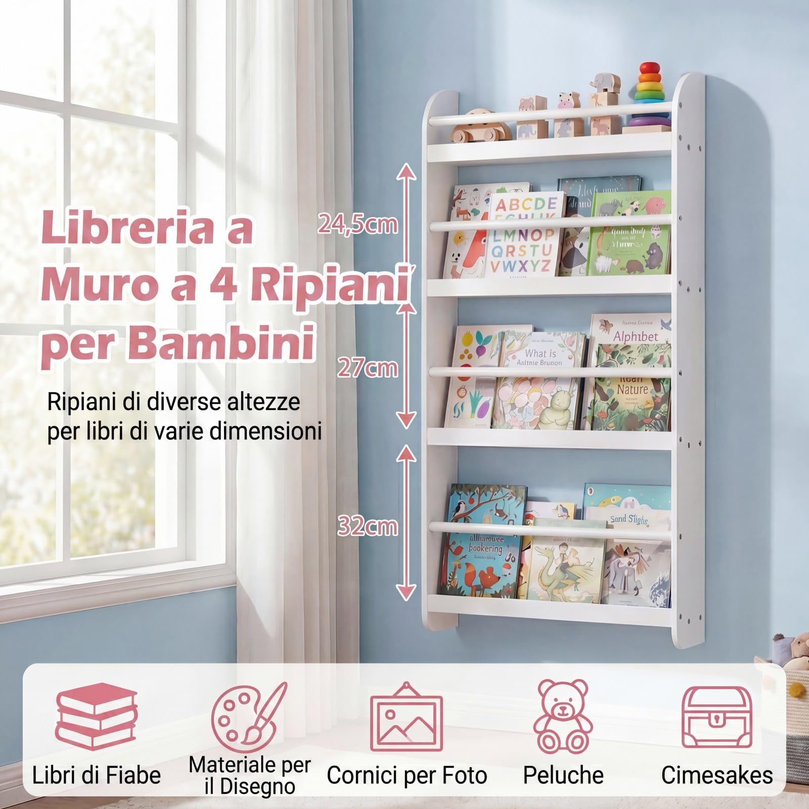 RELAX4LIFE Libreria da Parete per Bambini, Libreria Montessoriana per Bambini con Bordi Rialzati e Barre di Protezione, Scaffale Portaoggetti a 4 Livelli per Cameretta e Asilo Nido (Bianco)