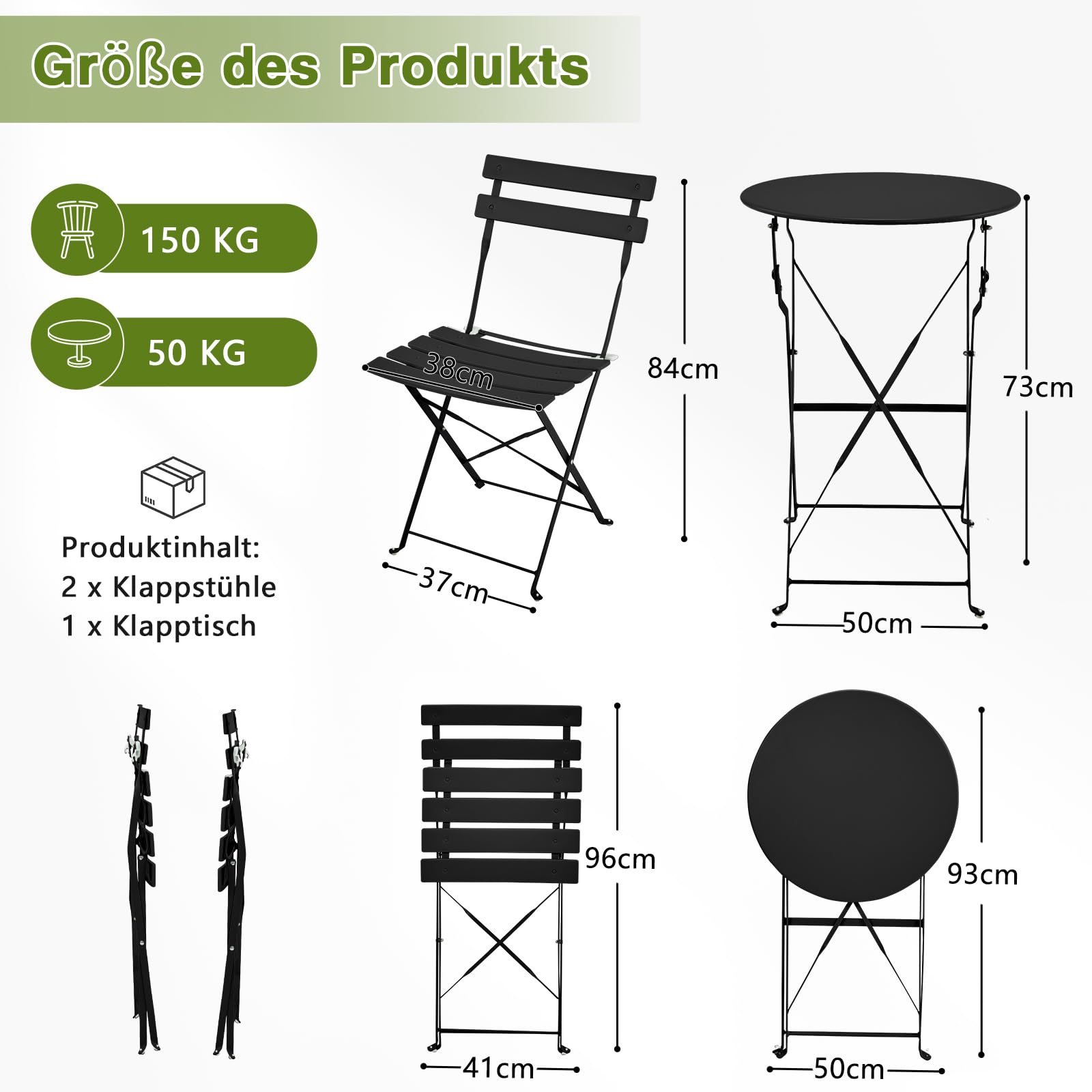 LEADZM Gartenmöbel Bistro Set Metall, Bistroset 3 teilig Klappbar - Bistrotisch mit 2 Klappstühlen, Balkonmöbel Klappbar für Balkon und Garten, Schwarz