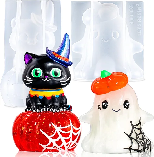 LET'S RESIN Halloween Resin Molds Silicone, Ghost Silicone Molds & Cat Pumpkin Epoxy Resin Molds with Witch Hat,Perfect for Resin Casting,Halloween Party, Thanksgiving Autumn Decor, Gifts(2PCS)
