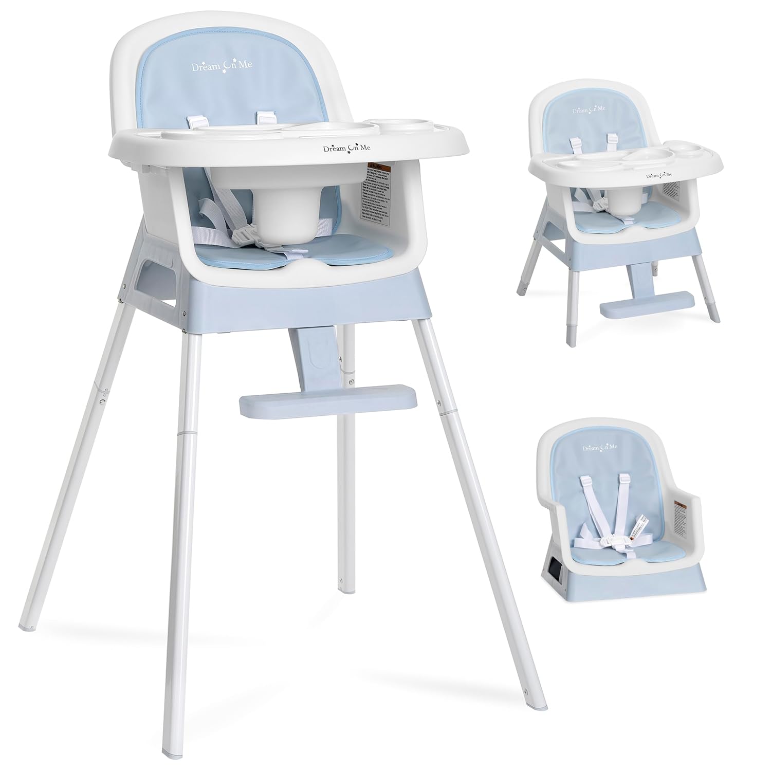dream on me curio sit n seek 3 in 1 convertible baby high chair in sky blue, removable and adjustable tray, portable high chair, adjustable legs, detachable footrest & 5 point safety harness