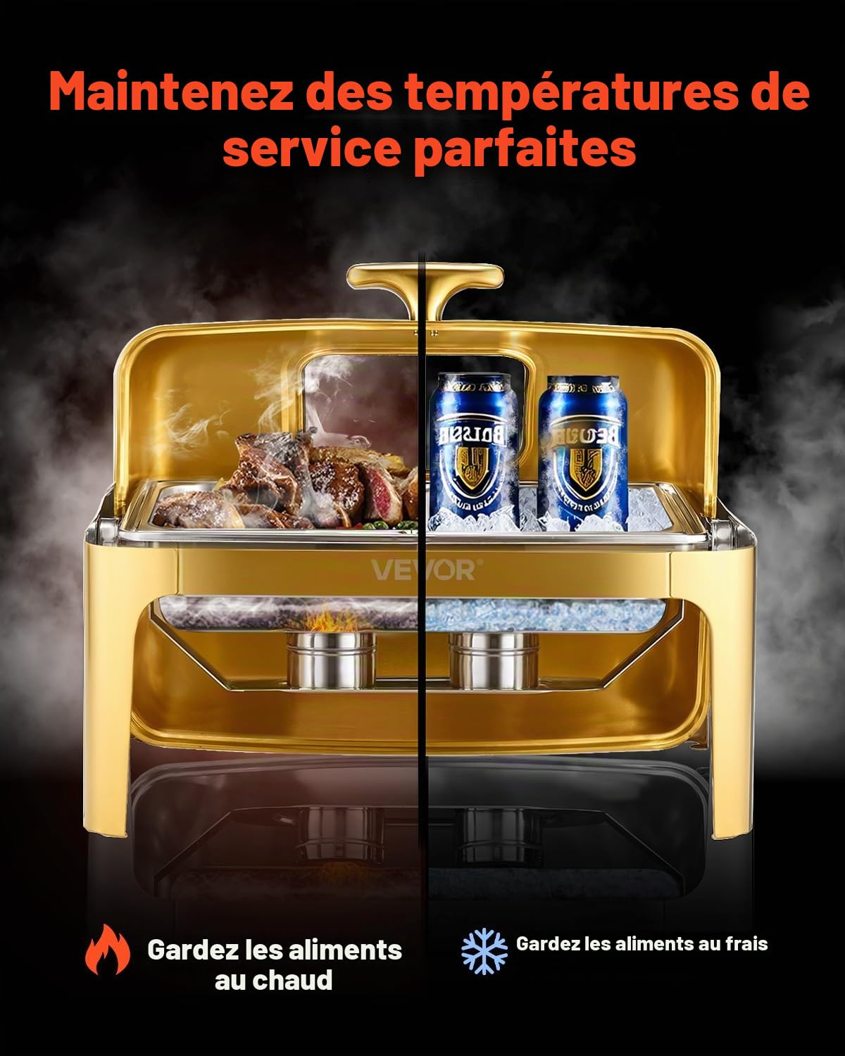 VEVOR Chauffe-Plat Rectangulaire 8,5 L, Buffet Chauffant avec Couvercle Rabattable Visible, Réchaud en INOX avec Bac Pleine Taille, pour Buffet Libre-Service Hôtel Traiteur Restauration, Doré