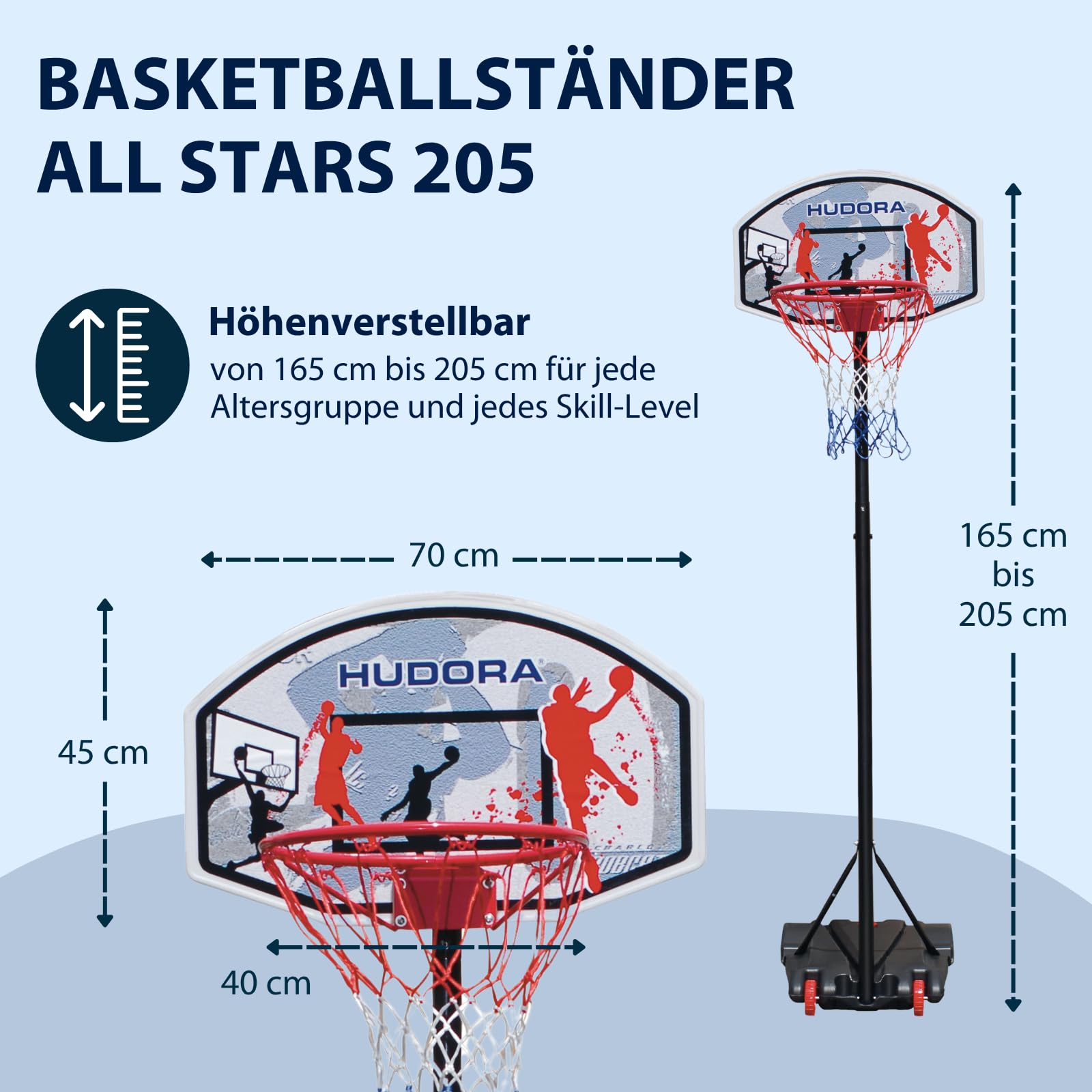HUDORA Basketballständer All Stars 205 - höhenverstellbarer Basketballkorb mit Ständer für Kinder und Jugendliche - Mobiler Outdoor Korb für den Garten - mit Rollen und Standfuß