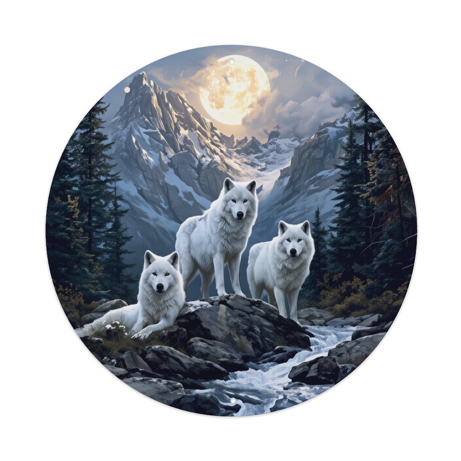 Wolf Mountain Moon Forest River Round Tin Sign Retro Metal Sign for Cafe Bar Pub Home Game Room Gym Club Wall Decoration Vintage Metal Poster 8x8 Inch