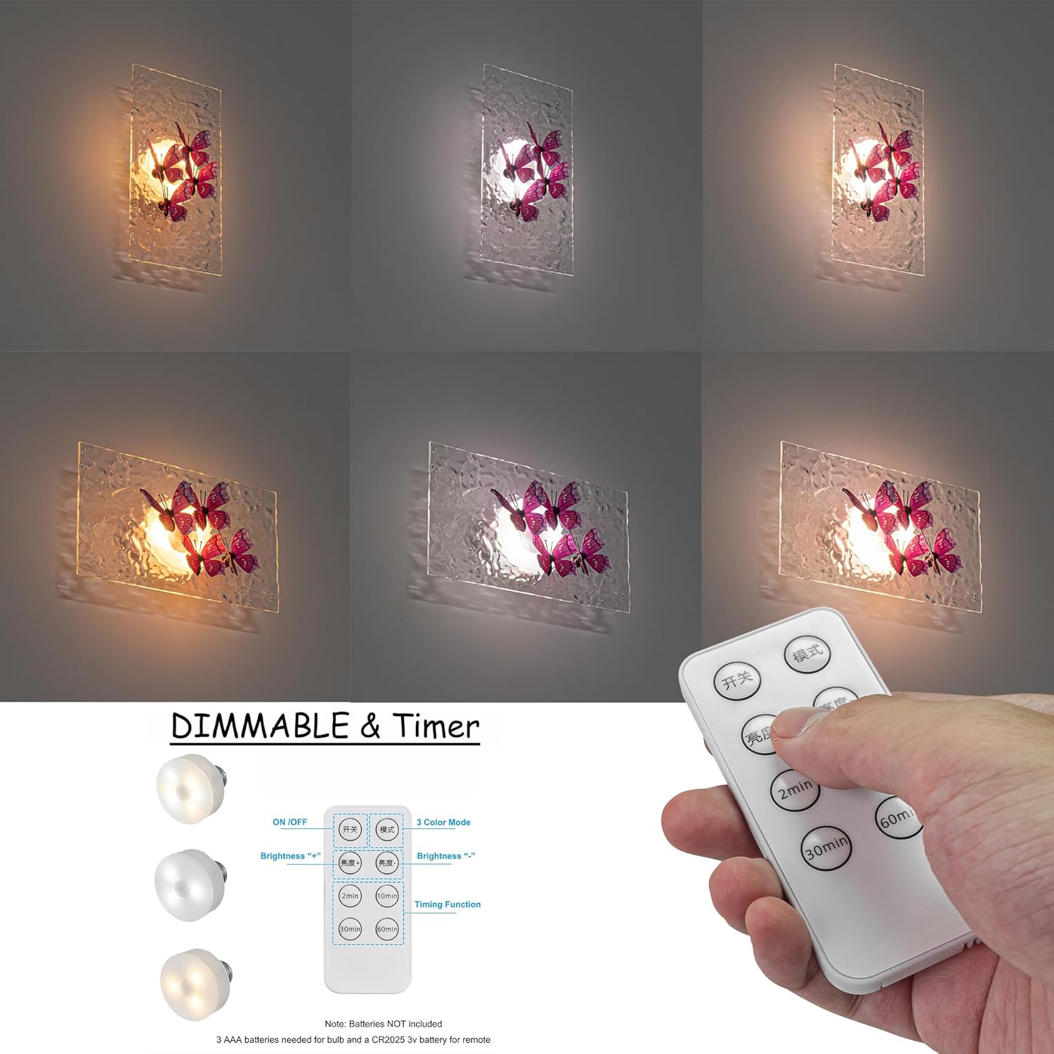 Remote Control Acrylic Wall Sconce Battery Wall Hanging Wall Lamp No Wiring Needed, Color Changing Dimmable and Smart Timer with 3D Simulated Butterflies for Home Decor Gallery, Pink