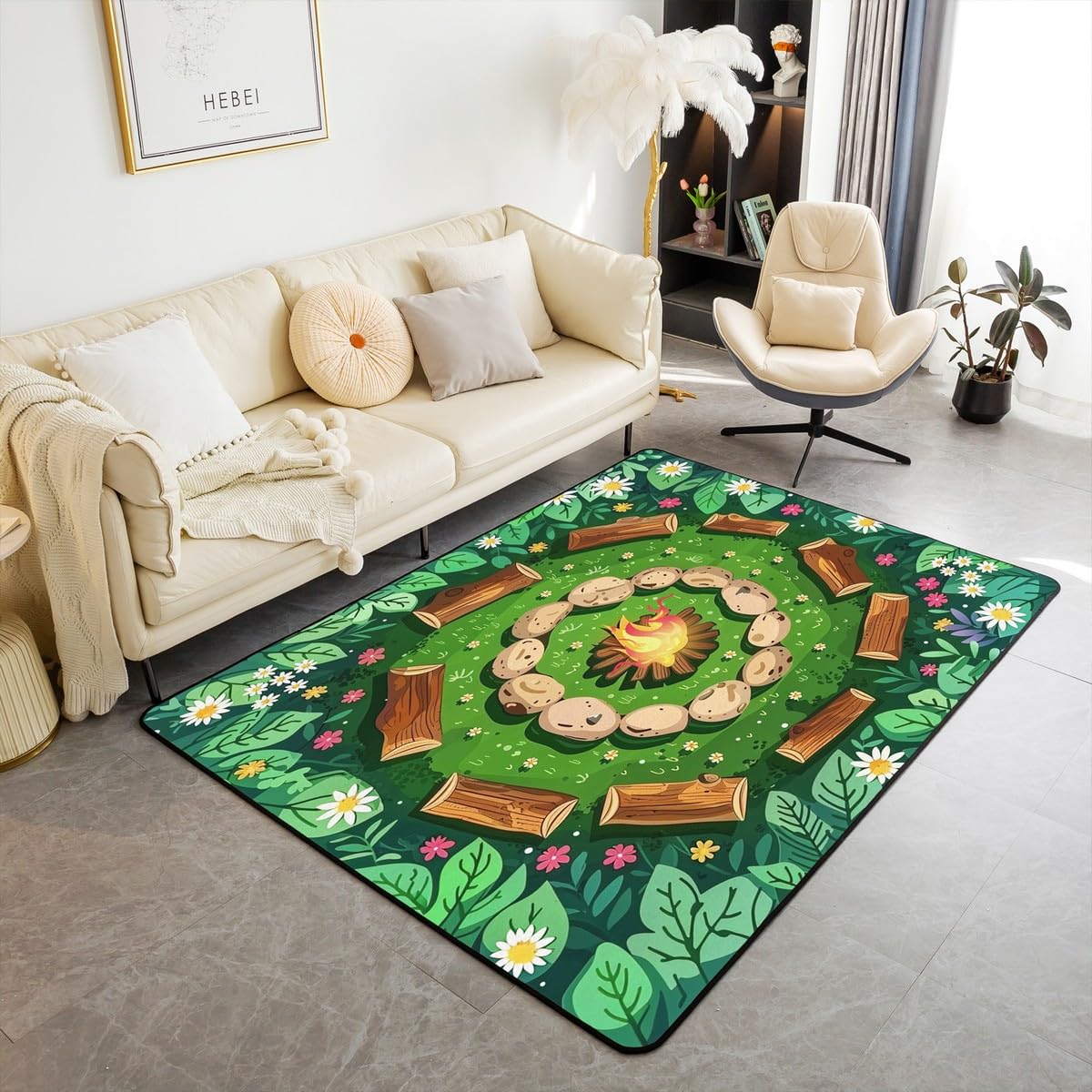 Feelyou Campfire Living Room Rugs Woodland Tree Themed Area Rug 5x7 for Kids Boys Girls Teens Non-Slip Room Decor Cartoon Stones Decorative Carpet