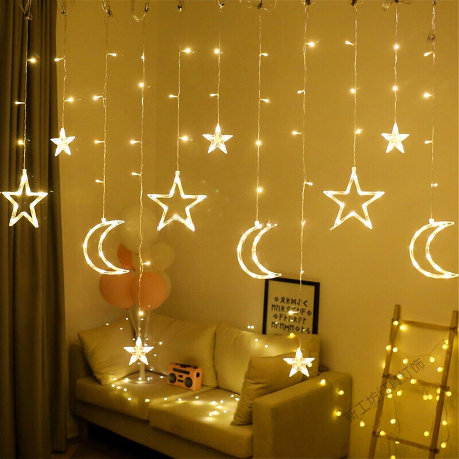 HYTTEREid Mubarak Decorative String Lights Stars and Moons Series-connectable LED Warm Lights Night Light for Ramadan (A - Stars and Moon)