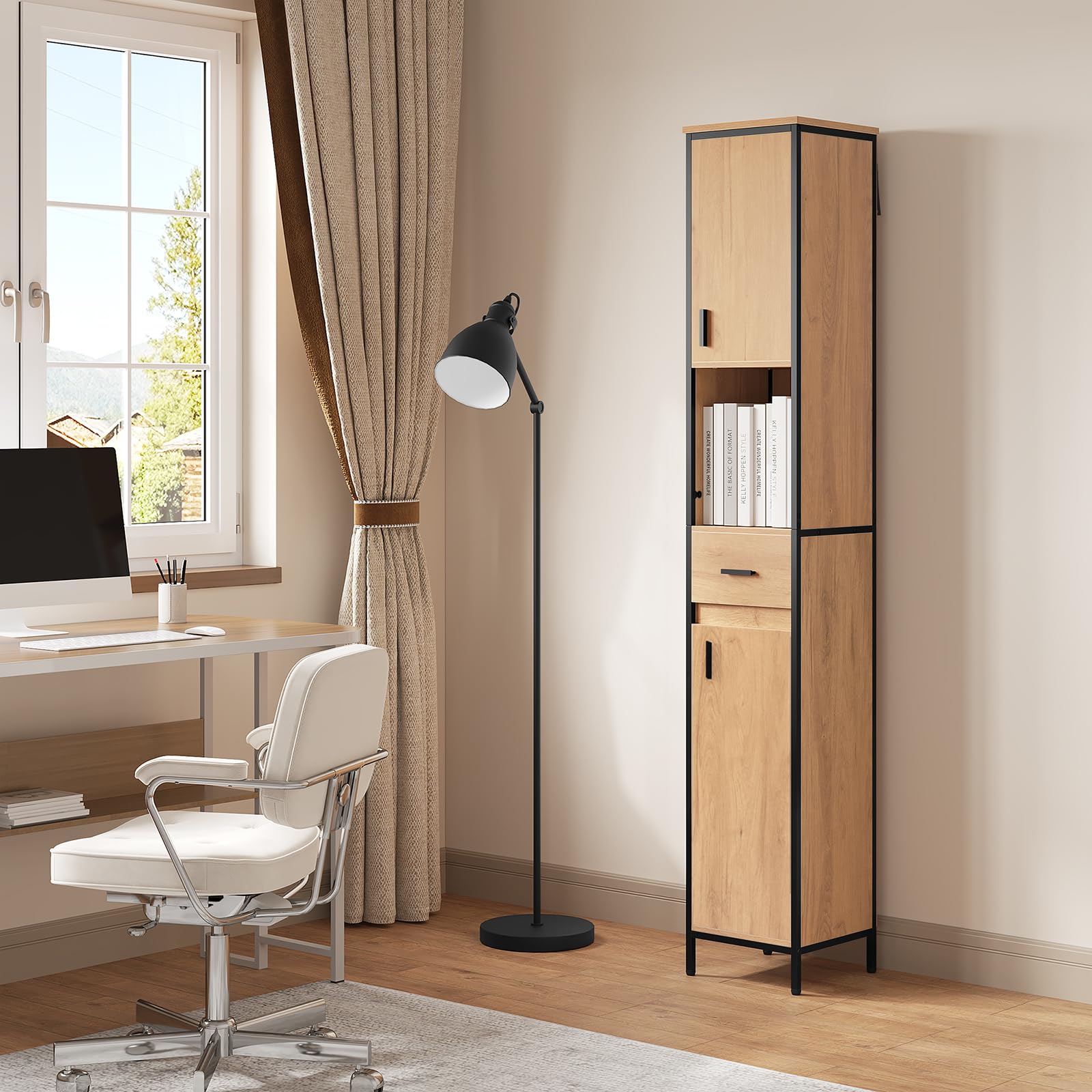 EUGAD Colonne Salle de Bain, Meuble Salle de Bain Rangement, avec 1 Tiroir, 2 Placards à Porte, 1 Casier Ouvert, Étagères Réglables, 30x30x180cm, Chêne Clair+Noir