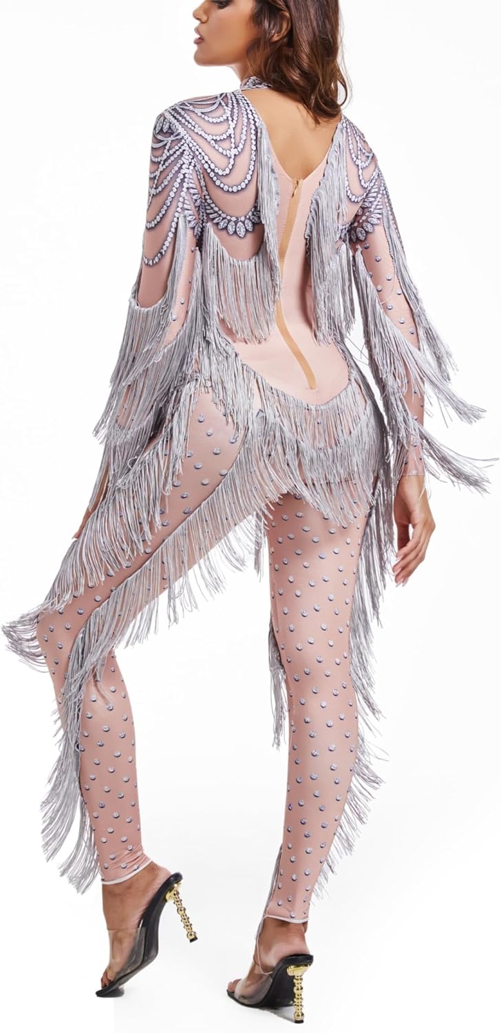 Fringe Stretch Fabric Glitter Jumpsuits for Women Team Group Cheerleader Drag Queen Dance Costumes