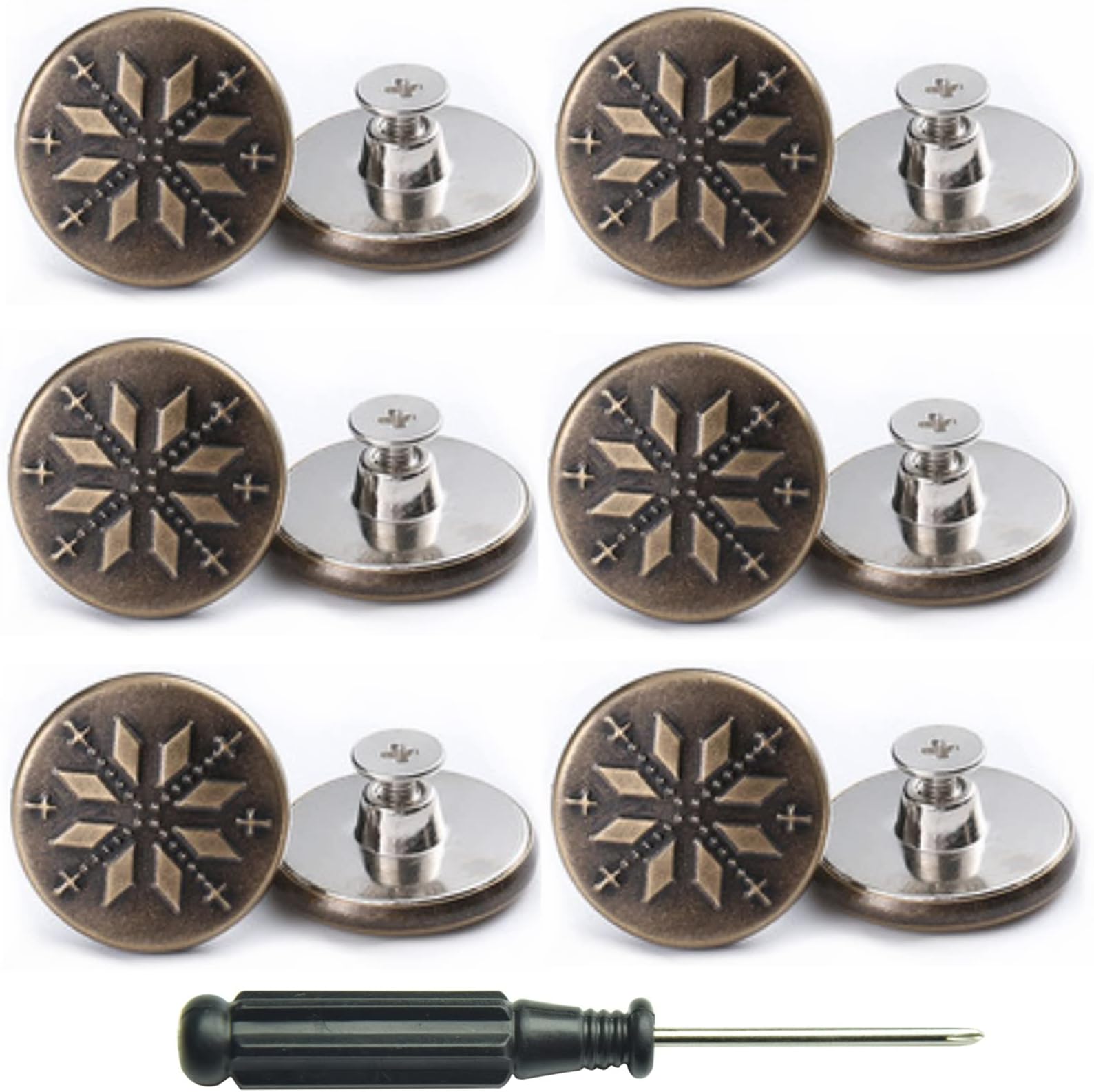 12 PCS Replacement Jean Button No Sew Screw Buttons, 20mm Removable Adjustable Metal Button Repair Sewing Kit with Screwdrivers, Pants Waist Tightener for Men, Women (Snowflake)