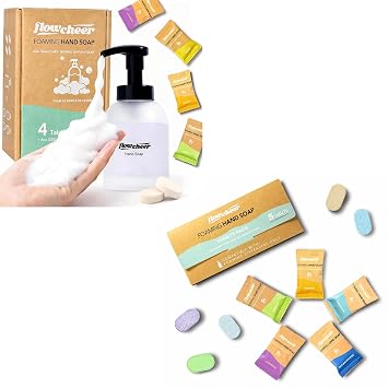 flowcheer Foaming Hand Soap Tablet Refills 5 Count & Glass Foaming Soap Dispenser Combo - Frosted Real Glass Bottle 11 oz
