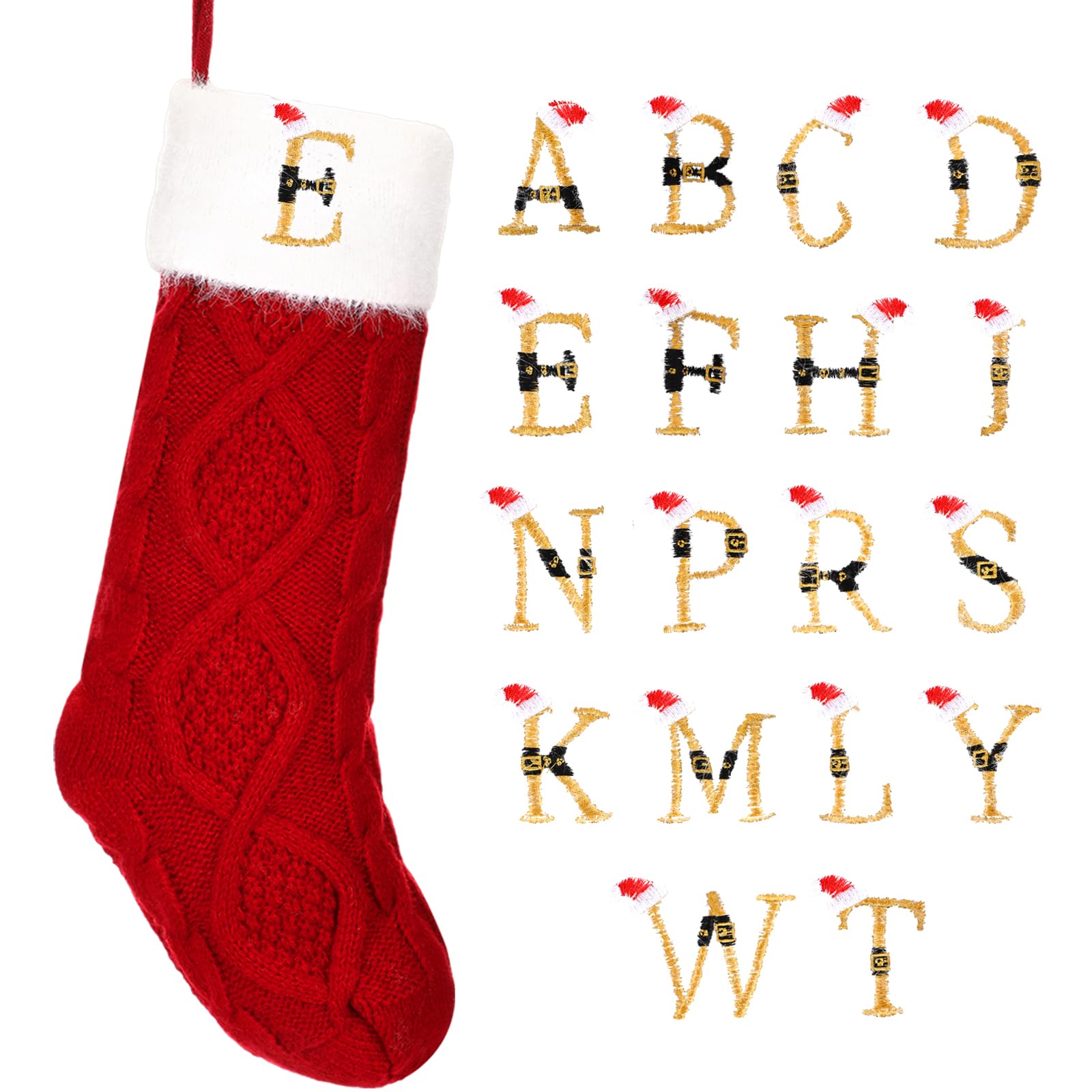 Poen Christmas Stockings with Initials 18 Inches Large Red Knit Monogram Stocking Embroidered Christmas Stockings Gold Letter Christmas Stocking for Family Holiday Xmas Gift, Red and White (Letter E)