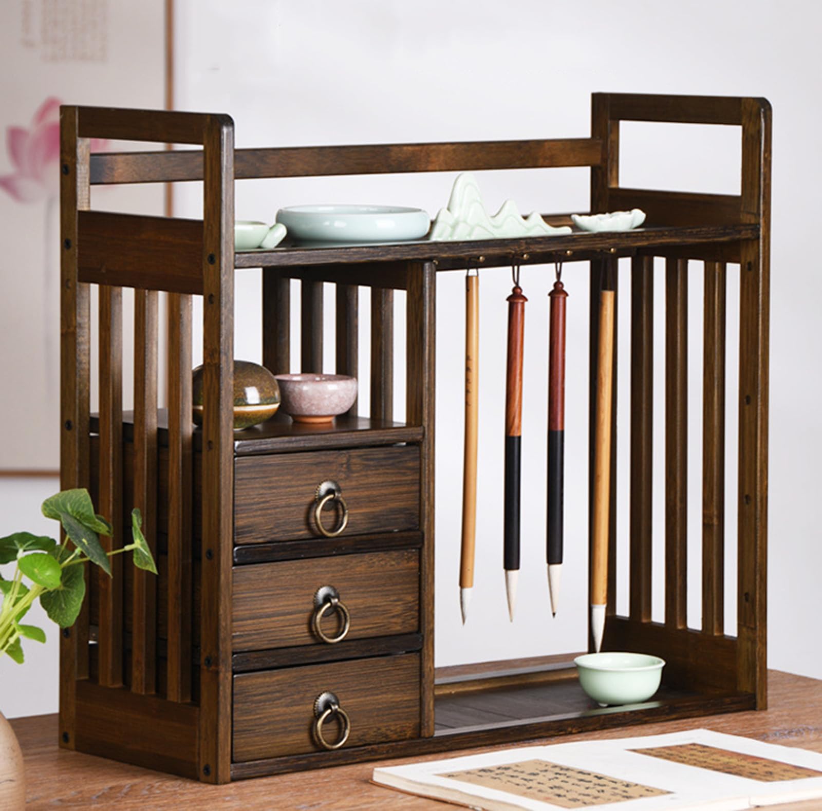Organizador de Escritorio con 3 cajones, Estante Antiguo, Soporte para cepillos, Estante de exhibición para Mesa, estantes de Almacenamiento de Escritorio para Suministros