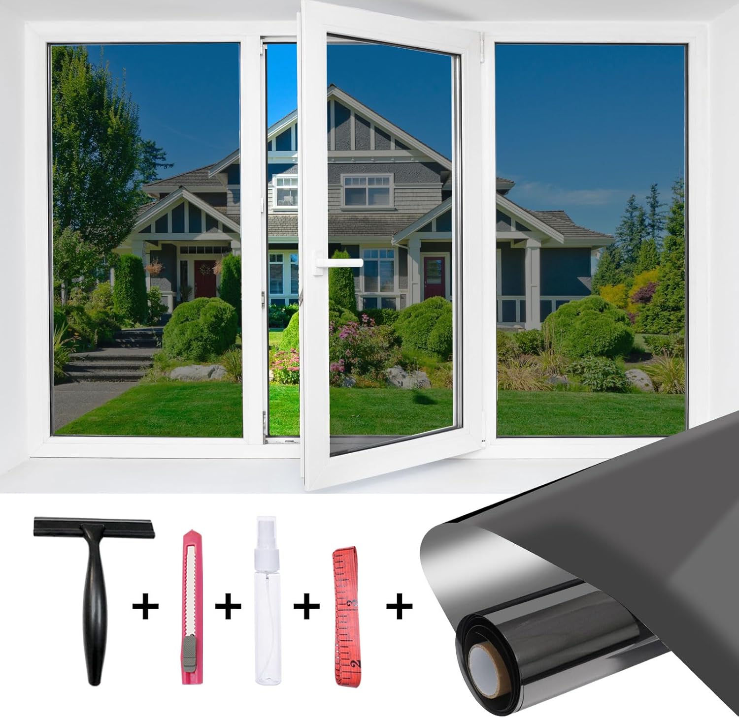 JAYONG Privacy Window Film One Way - Window Tint for Home, Heat Blocking Reflective Mirror Glass Window Film for Bathroom Home Office,Static Cling & Anti UV,Black Silver, 29.5 x 196.8 Inch
