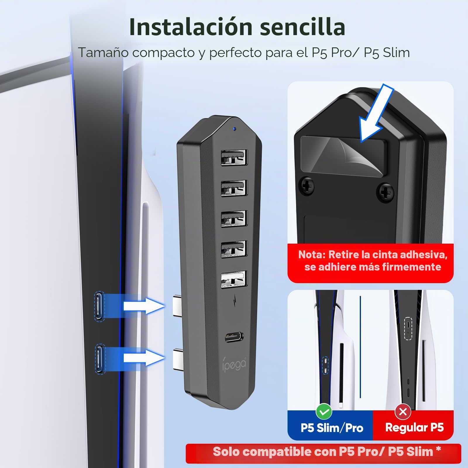 Hub USB 6 en 1 para PS5 Pro/Slim - Extensión de puerto USB de alta velocidad con 1 tipo C 3.0, 4 USB-A 2.0 y 1 puerto de carga, adaptador para consola de disco y digital