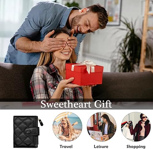 Miniatura 7 de LJCZKA Cartera de cuero vegano para mujer, tarjetero RFID, pequeño bolsillo con cremallera, billetera corta con ventana para identificación, Negro