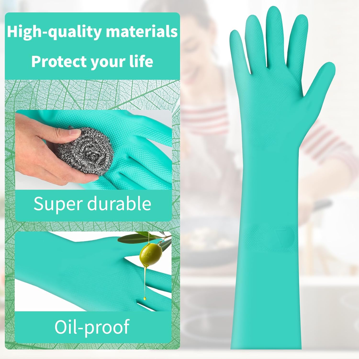 Long Sleeved Durable Nitrile Gloves 18in Reusable,Heavy duty Rubber Cleaning kitchen Cooking Anti Slip Dishwashing