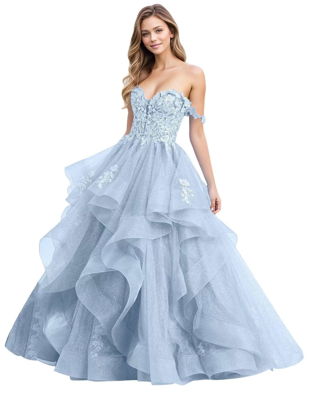 Volantes Tul Vestidos De Noche Hombros Descubiertos Vestidos De Quinceañera Vestido De Bola Largo Apliques De Encaje Vestido De Novia, azul claro, 32