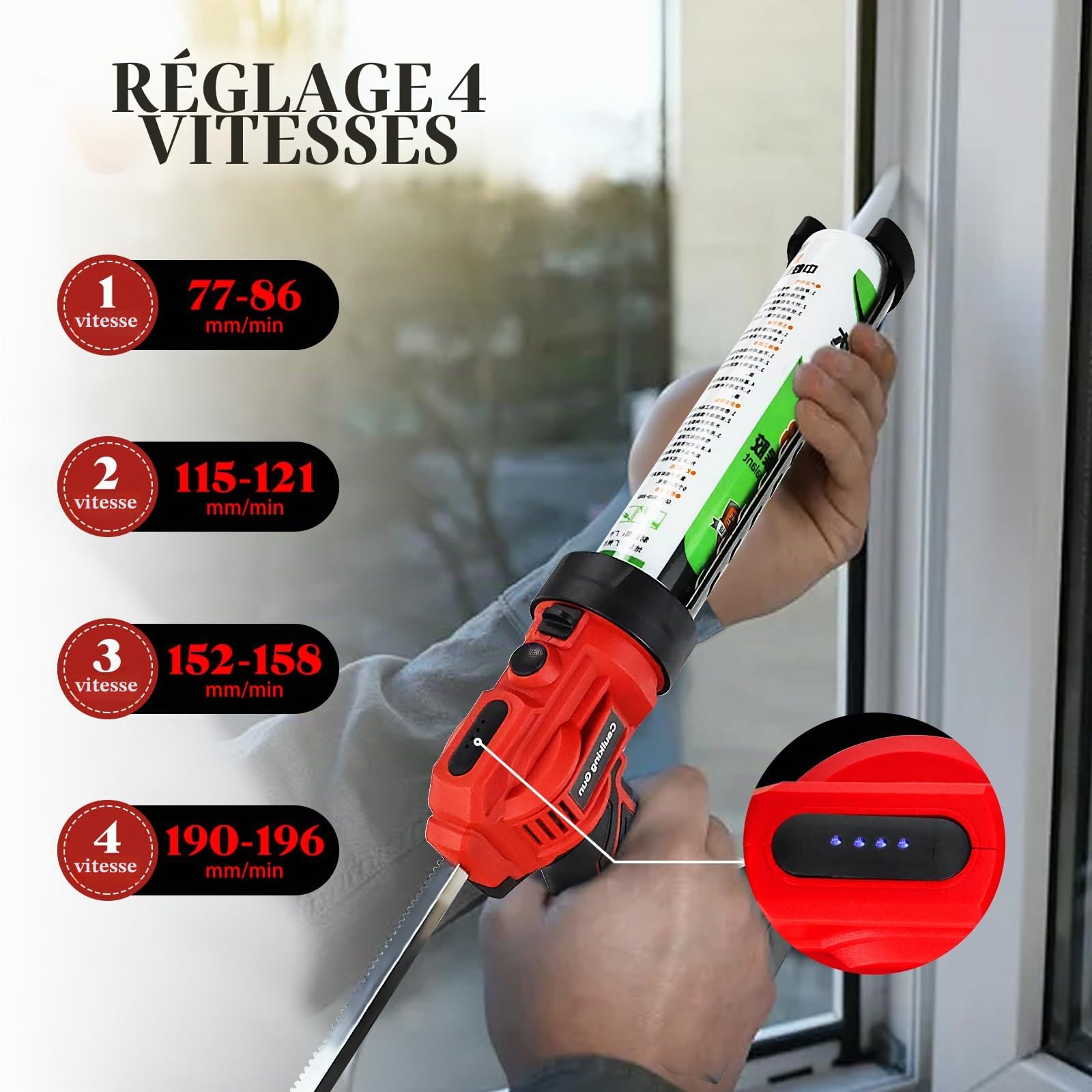 Pistolet Silicone électrique pour 18V,Batterie 1500mAh,Pistolet Silicone avec LED,4 Vitesses Réglables,Pompe a Silicone electrique 300ML Sceller,Anti-goutte,pour Étanchéité,Mastic (1 Batterie)