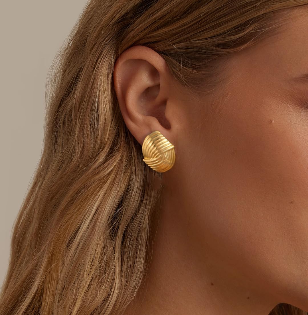 Gold Earrings for Women，Chunky Gold Statement Earrings Dainty 14K Gold Plated Big Chunky Vintage Earring Hypoallergenic Studs Earrings for Women Trendy Jewelry - Image 2