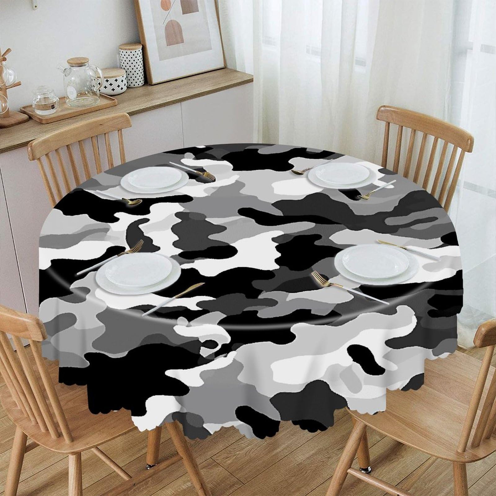 VstaDank Black Grey White Camo Round Tablecloth Wipeable Round Polyester Tablecloth Waterproof Wrinkle Free Indoor and Outdoor Table Cover 60 Inch Decorative Farmhouse Table Cloth for Dining