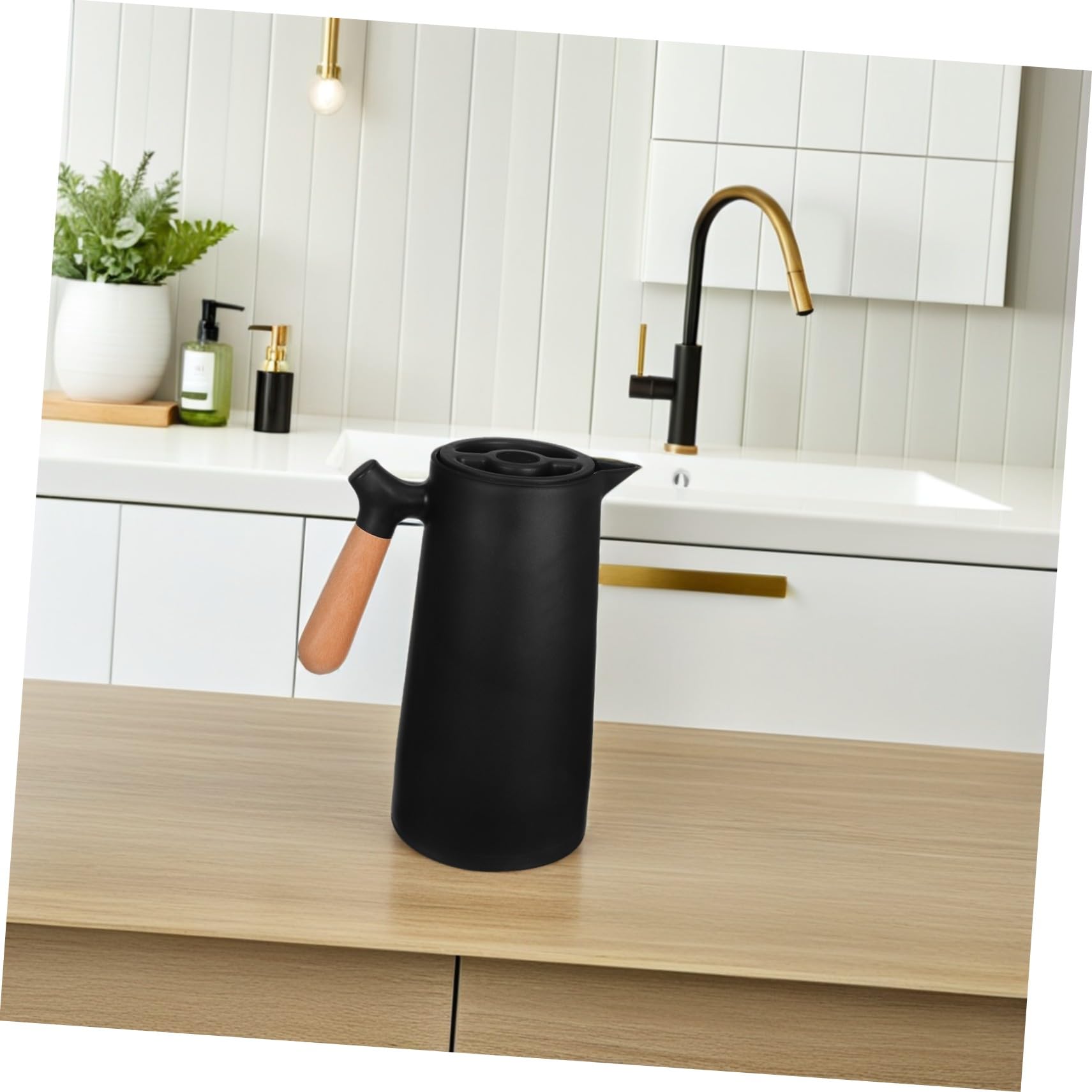Bouteille Isotherme 1l Poignée en Bois pour Maison et Bureau, Bouilloire à Eau Chaude Élégante Coque Plastique et Doublure en Verre, Maintien Température