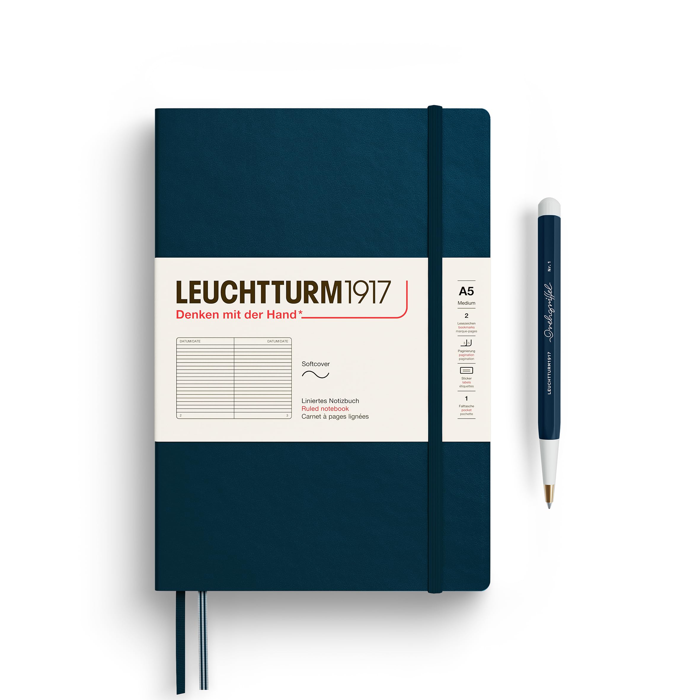 Notebook Softcover Medium A5-123 Numbered Pages for Writing and Journaling - Thinking Ahead (Ruled Paper, Deep Sea)
