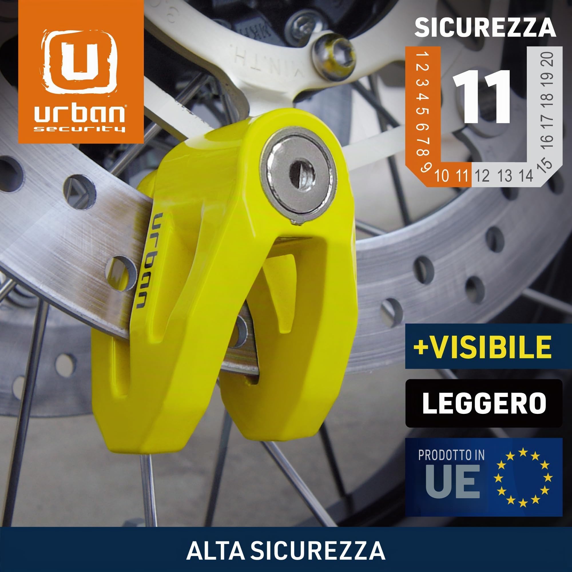 Urban UR208Y Bloccadisco Moto ø10mm, più Visibile più Dissuadente, Ø10mm Design Leggero e Robusto, Sicurezza Compatta ed Efficace, Lucchetto Antifurto Moto, Bicicletta, Monopattino Elettrico