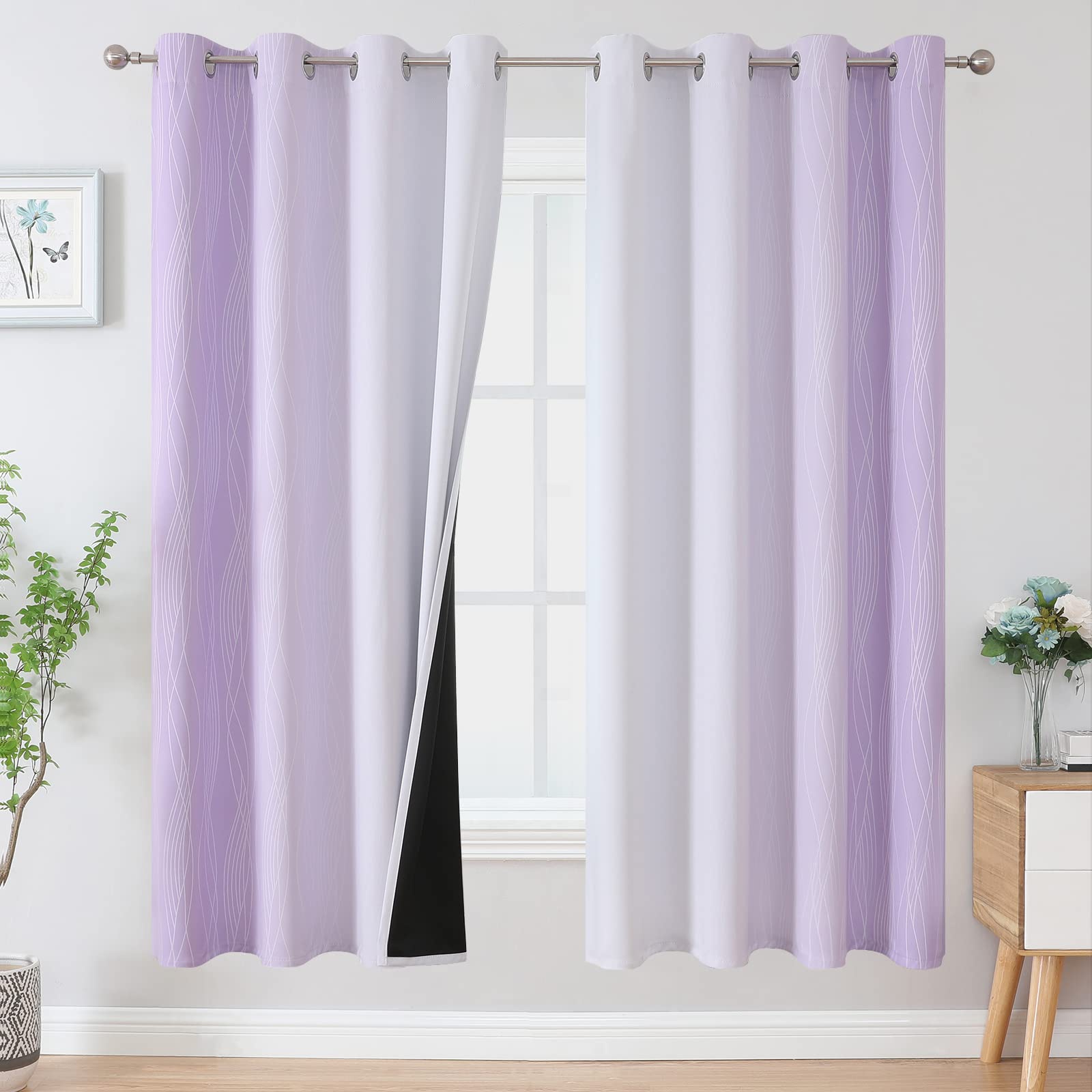 VEHEDE Blackout Wave Curtains for Living Room Noise Reducing Eyelet Gradient Drapes for Bedroom Ombre Energy Saving Short Curtains for Kitchen W52 x L54 Inch