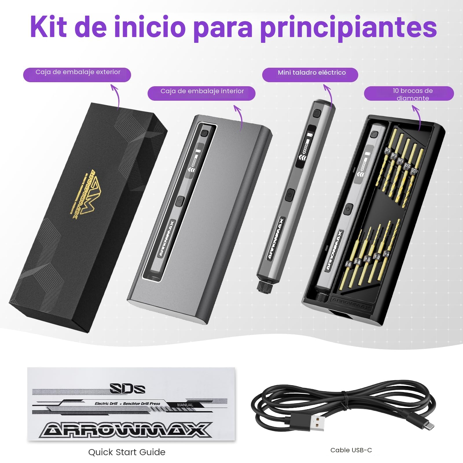 ARROWMAX Mini taladro eléctrico de 5 velocidades, 10 brocas pequeñas con caja de aluminio, pantalla OLED, luces LED, juego de taladro eléctrico pequeño para resina, joyas, manualidades, plástico