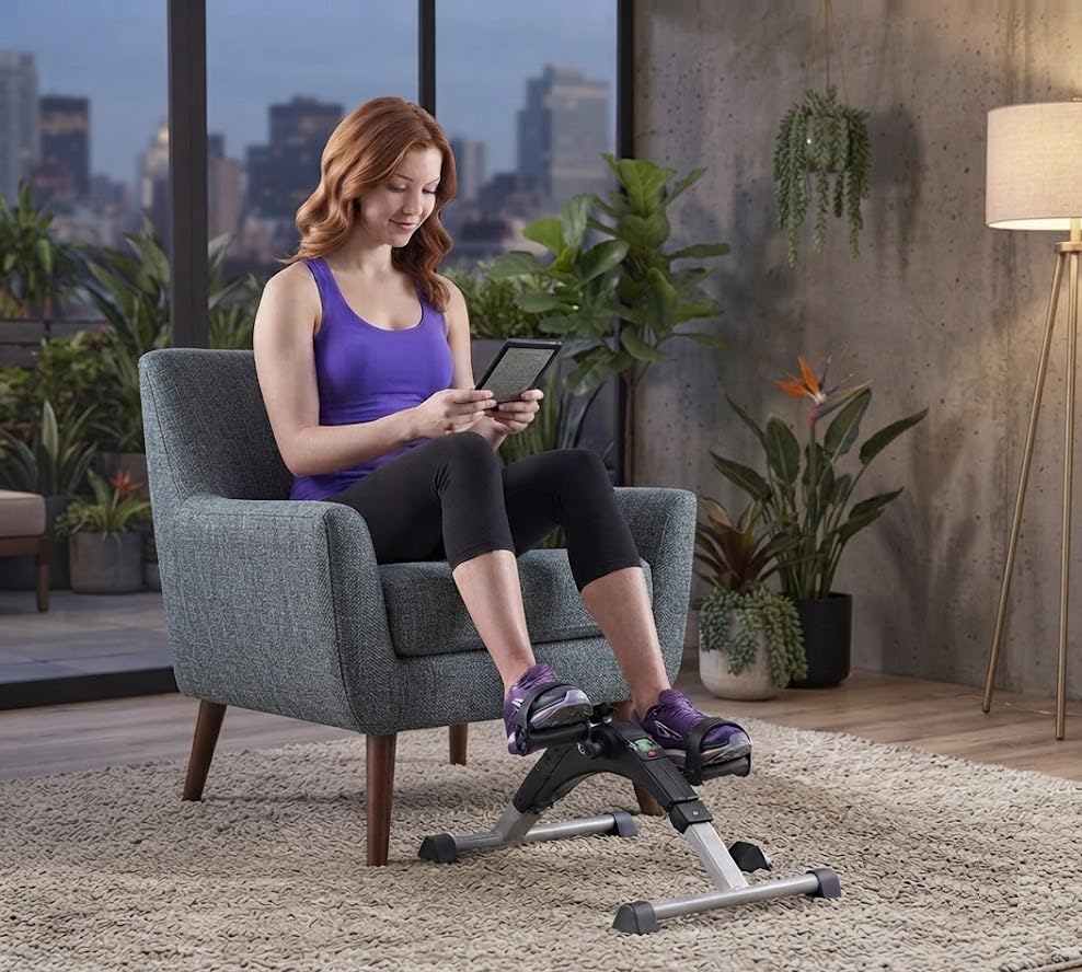 mini exercise cycle pedal machine with digital display | foldable indoor fitness trainer for low impact leg & arm exercise, home workout, office & daily cardio