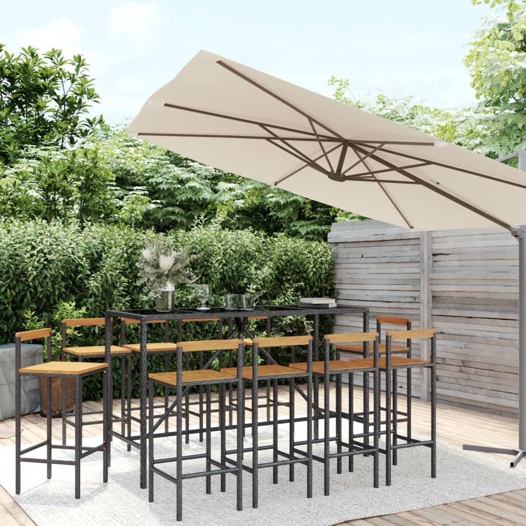 11 Piece Black Poly Rattan and Solid Wood Acacia Garden Bar Set with Tempered Glass Tabletop and Powder-Coated Steel Frame for Outdoor Patio
