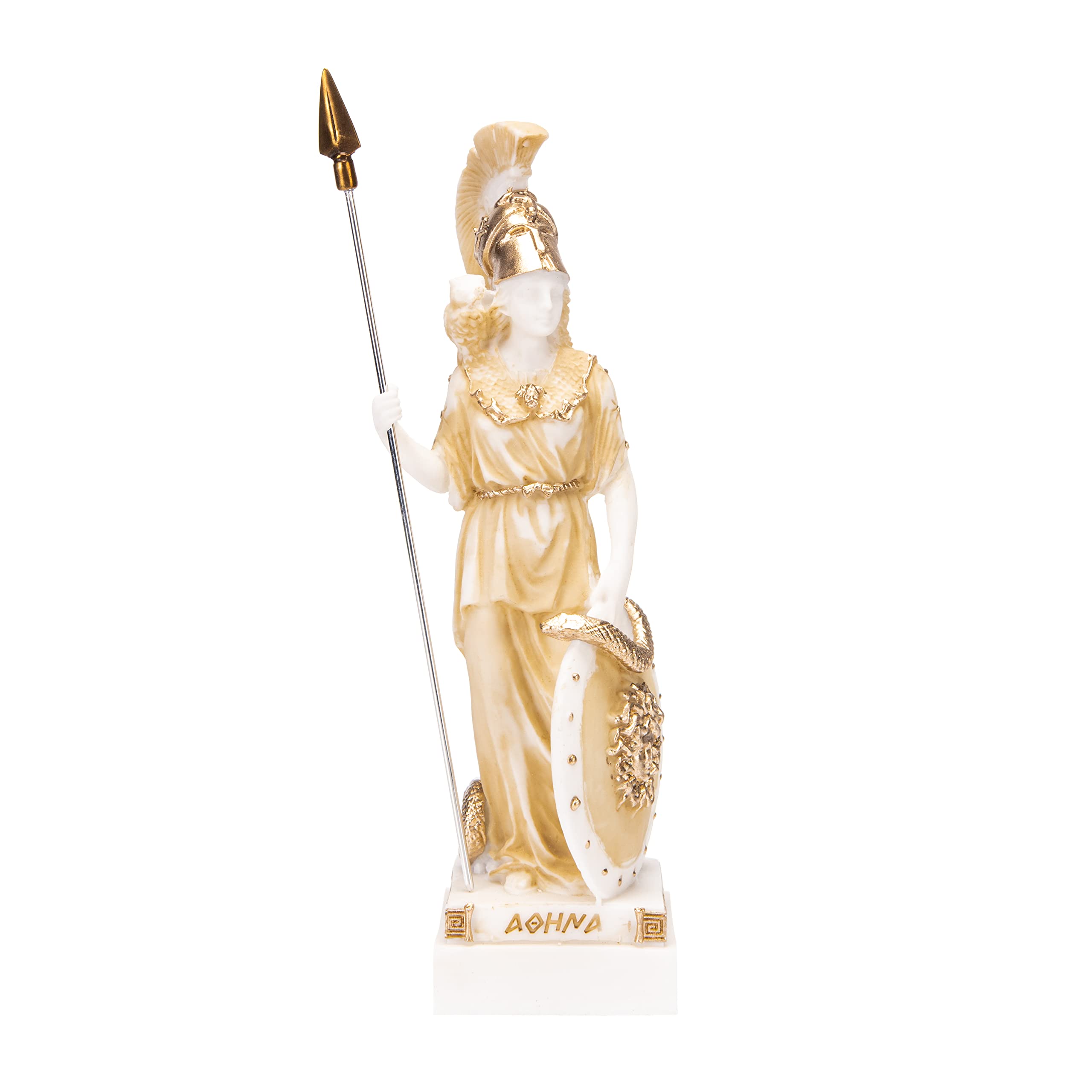 Beautifulgreekstatues Gold Athena With Owl Medusa Holding Shield Greek Goddess Alabaster Statue 10.23 Inches