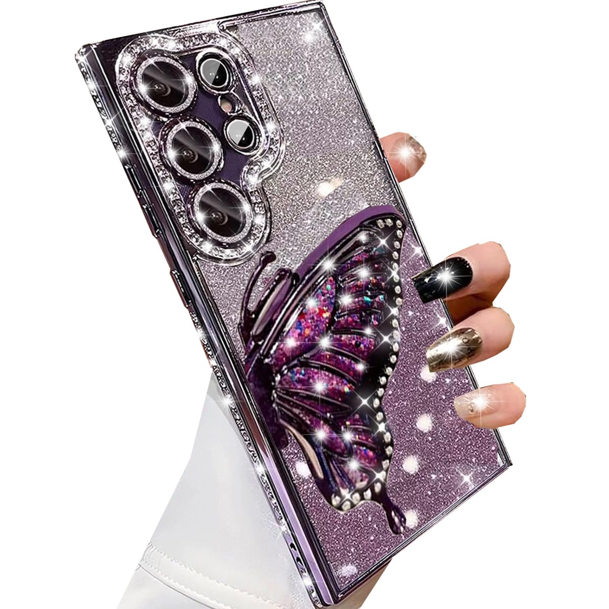Photo 1 of Changjia for Samsung Galaxy S26 Ultra Glitter 3D Butterfly Case,Cute Luxury Bling Sparkly Diamond Rhinestone Liquid Flowing Case with Camera Lens Protector Women Girl Cover for Galaxy S26 Ultra,Purple