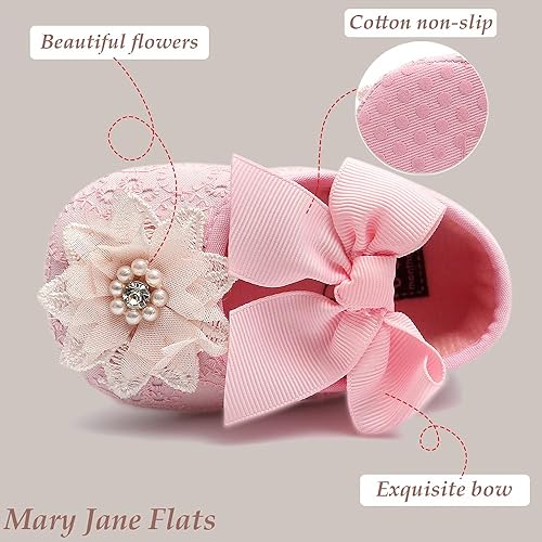 Miniatura 3 de QWZban Baby Girls Mary Jane Flats with Bowknot Flowers Soft Newborn Infant First Walkers Crib Shoes Wedding Party Christmas Dress Shoes