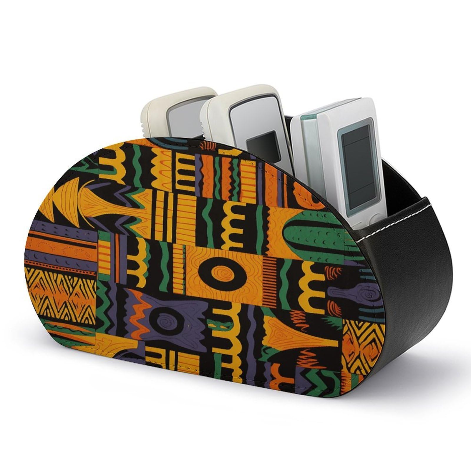 VstaDank African Ethnic Pattern Remote Control Holder Farmhouse TV Media Remote Storage Box with 5 Compartments PU Leather Remote Caddy Desktop Organizer for Home Bedside Table Organizer