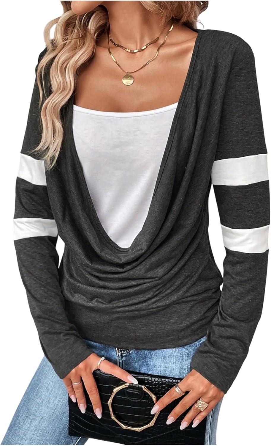 SweatyRocks Women's Long Sleeve Shirts Draped Cowl Neck Color Block T Shirt Fall Going Out Tops - Image 2