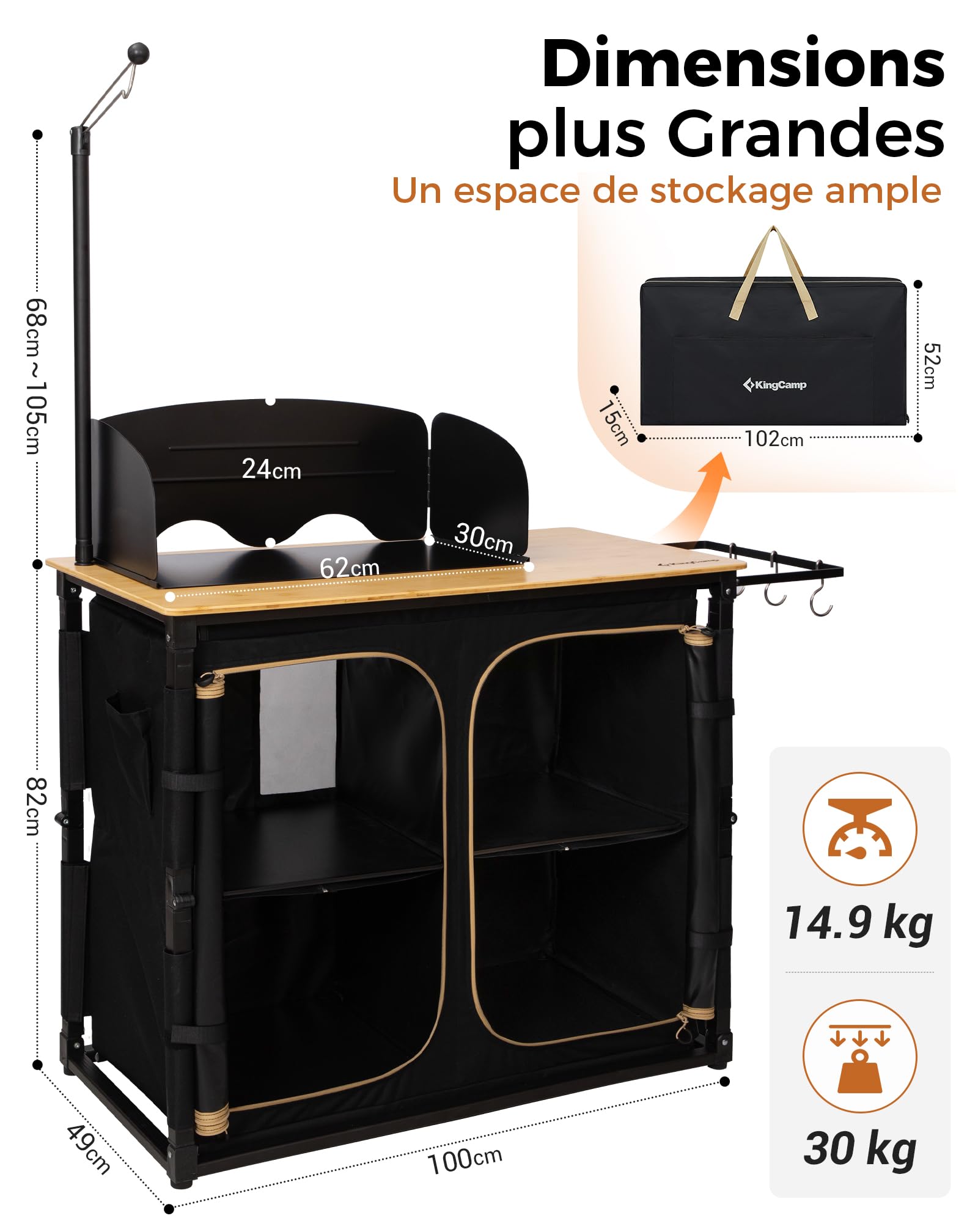 KingCamp Cuisine de Camping Pliable et Portable Meuble Cuisine Outdoor en Bambou/Aluminium avec Rangement, Paravent et Support Lampe, Évier Intégré, Idéal pour Vanlife, Camping, Pique-Nique et BBQ