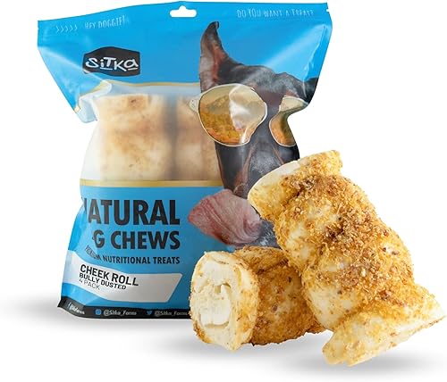 Sitka Farms Bully - Rollos de mejillas de res con polvo de 5 a 6 pulgadas, 4 unidades, huesos extra gruesos para masticar para perros, sin cuero