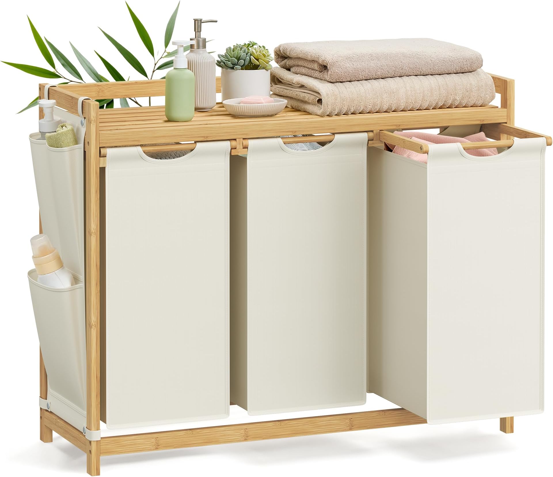 Panier à Linge 3 Compartiments Avec Étagère - 3x50L, Tissu Oxford, Sacs Amovibles, Poches Latérales, Rangement Salle De Bain