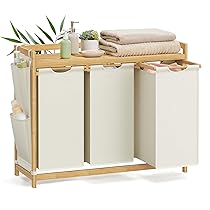 SONGMICS Cesto Portabiancheria a 3 Scomparti, Cesto Biancheria Sporca in Bambù 150 L, Porta Biancheria con Piano, Tasche Laterali, 3 x 50 L, 94 x 33 x 78 cm, Bianco Crema RLH115W01
