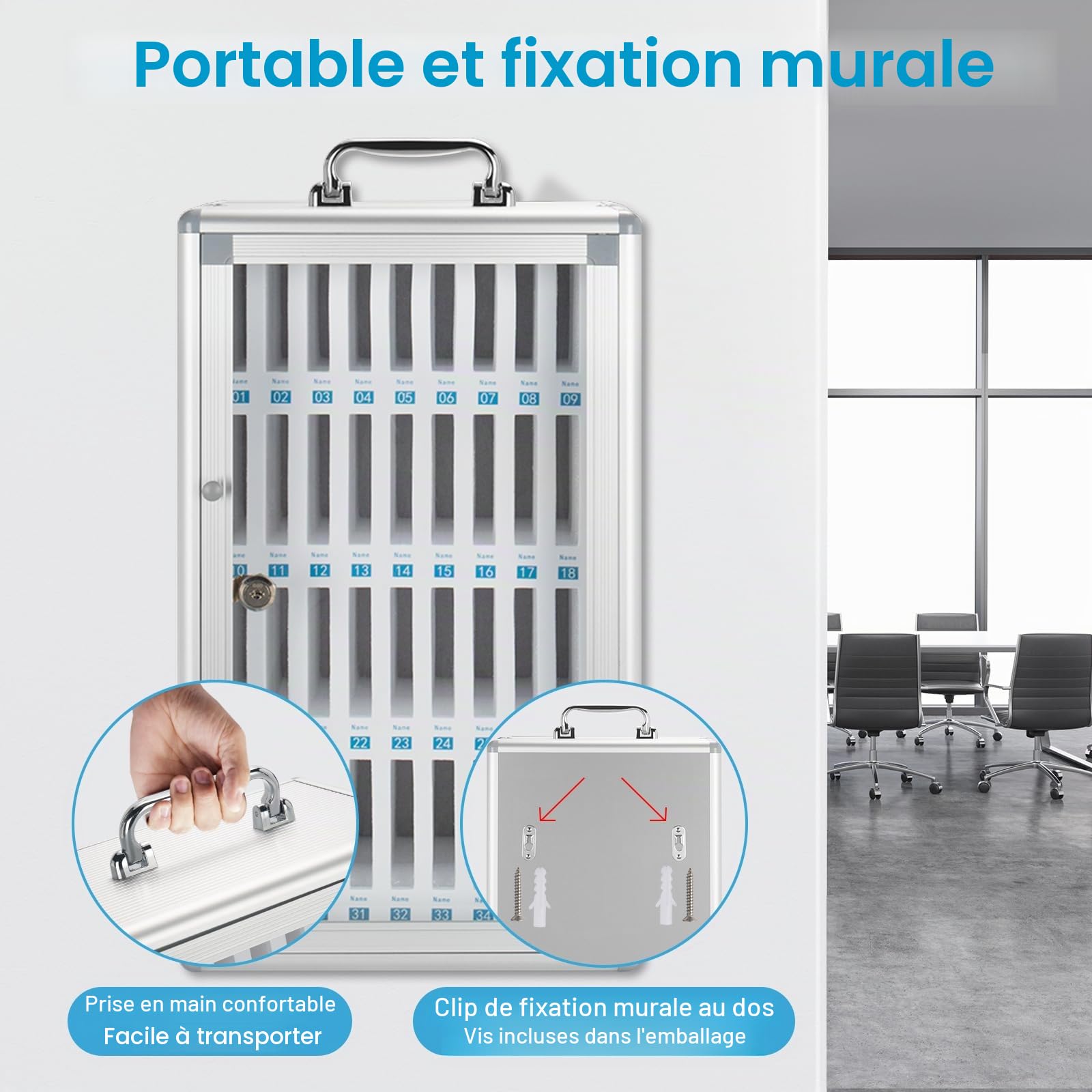 Glosen Casier de Rangement pour Téléphones Portables 36 Emplacements avec Clé Armoire Portable Argent
