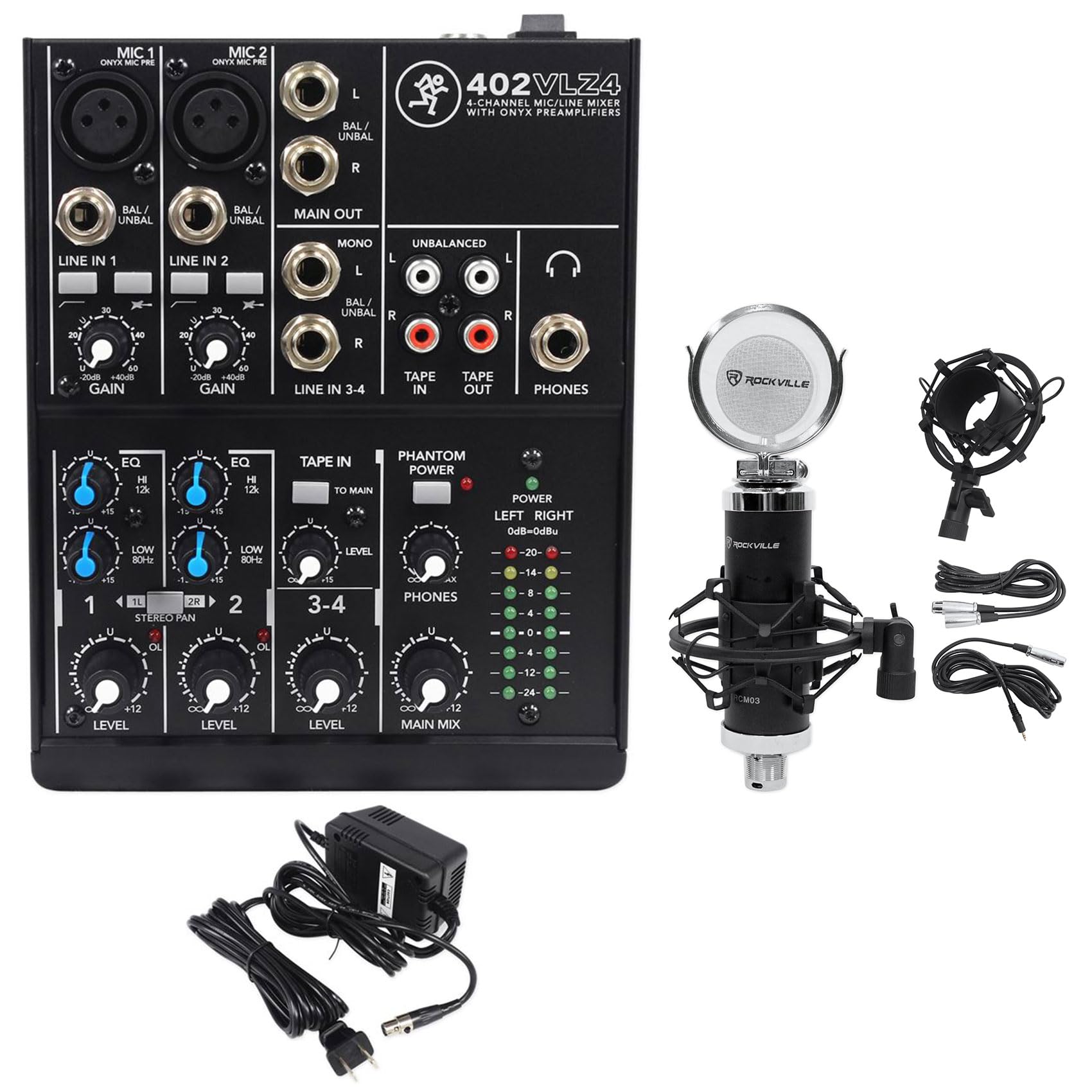 Audiosavings Bundle: (1) New Mackie 402VLZ4 4-channel Compact Analog Low-Noise Mixer Bundle With (1) Rockville RCM03 Pro Studio Recording Condenser Microphone Mic+Metal Shock Mount (Items 2)