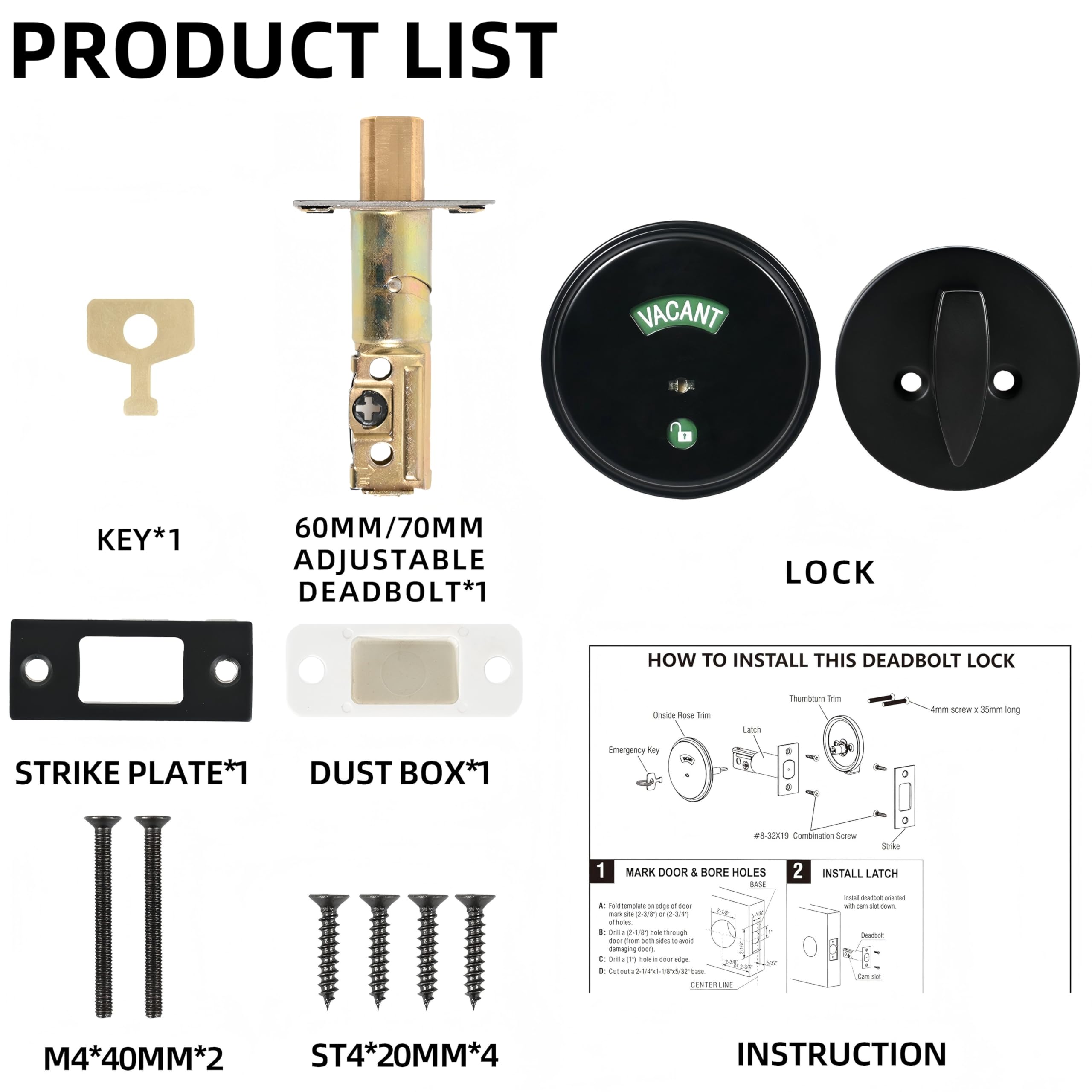 Cerrojo de seguridad de acero inoxidable con indicador negro mate, cerradura de puerta de privacidad de grado comercial, 2 60/70 mm, respaldo transparente en uso o vacío para baños públicos