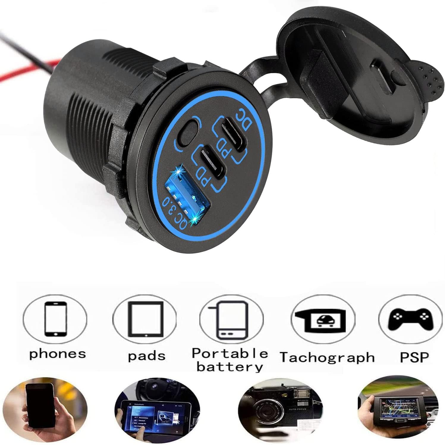 [5 Pack] 12V USB C Outlet, Two USB-C PD 20W Power Socket and 18W QC3.0 Socket Waterproof Power Outlet 12V/24V with Power Switch for Car Golf Cart Boat Marine Bus Truck RV Marine Motorcycle etc.