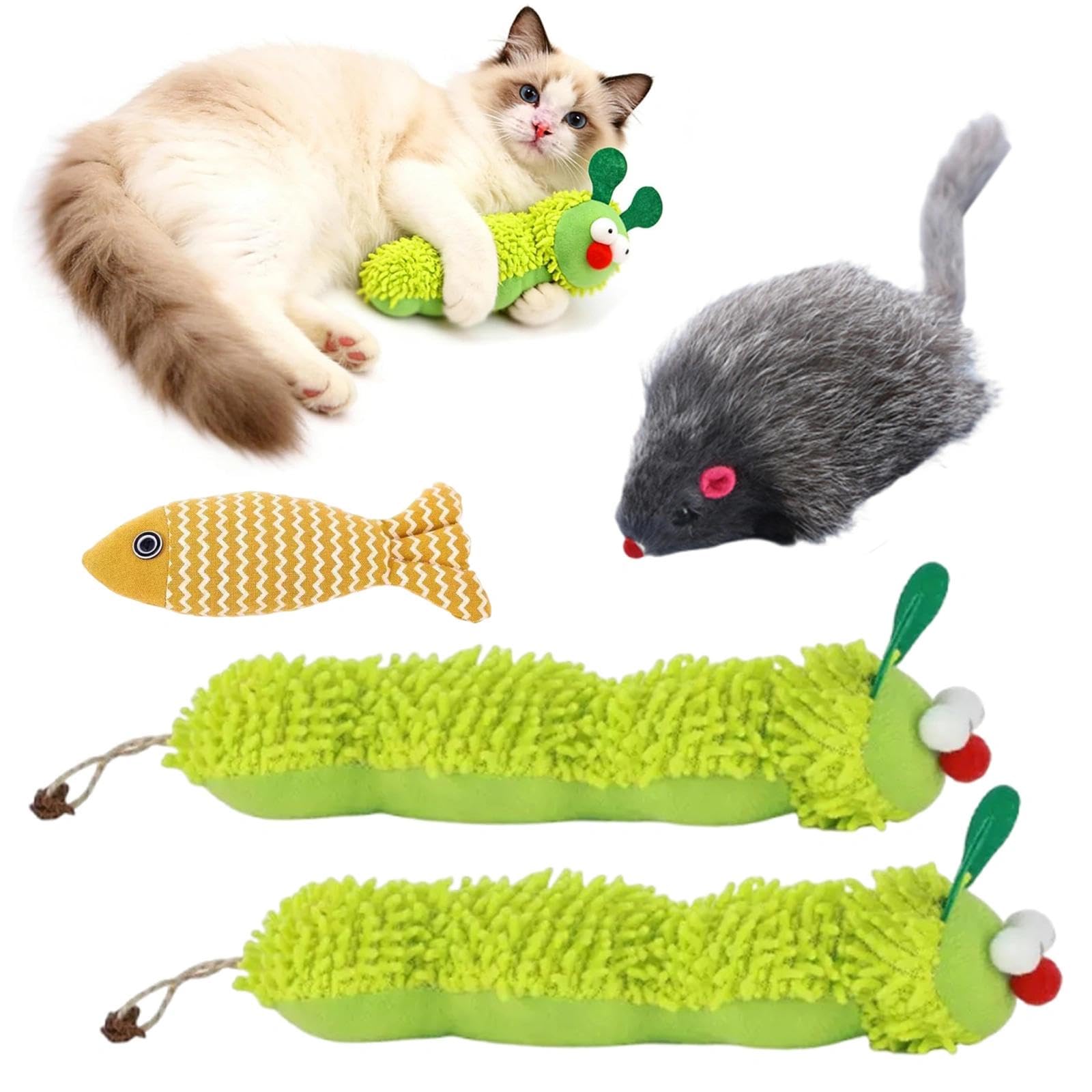 GMBANK Catnip Toys Set, 5 Pcs Soft Plush Catnip Caterpillar Catnip Fish with Interactive Cat Mouse Toy, Cat Toys for Indoor Cats Adult for Chewing Teething Dental Health and Boredom Relief